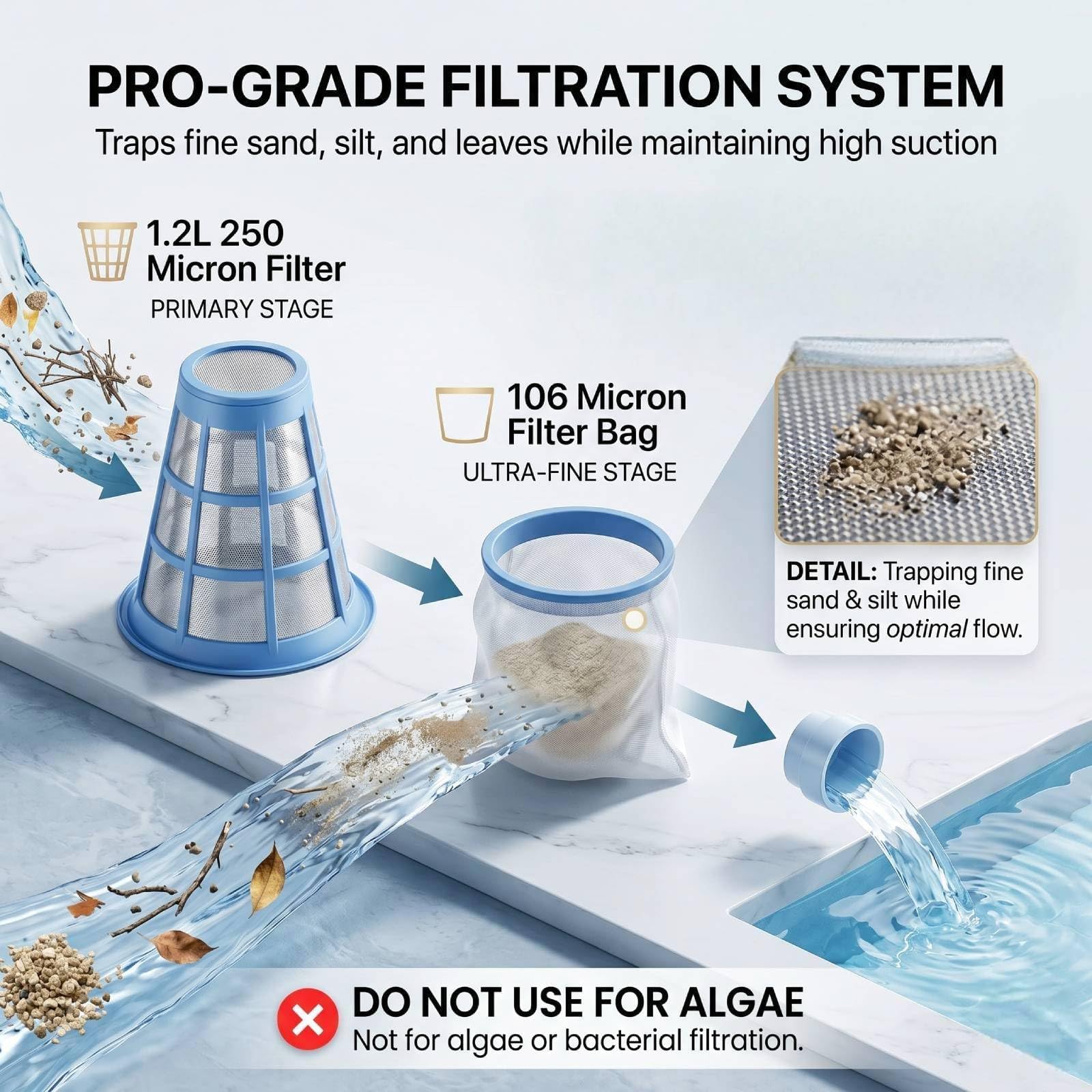 Bostar Aspirateur de piscine sans fil 120 l/min avec barre télescopique, autonomie de 80 minutes, double filtration, aspirateur à main pour petites piscines, spa, piscine de jardin