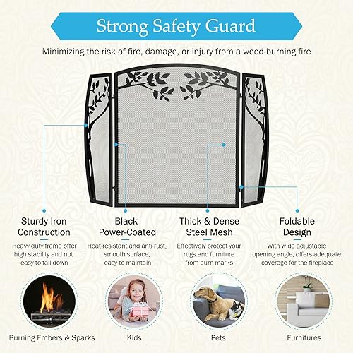 Miniatura 4 de IRONWALLS Pantallas decorativas para chimenea, 45.3 pulgadas de largo x 29.5 pulgadas de alto, 3 paneles de metal plegado para puerta de chimenea,