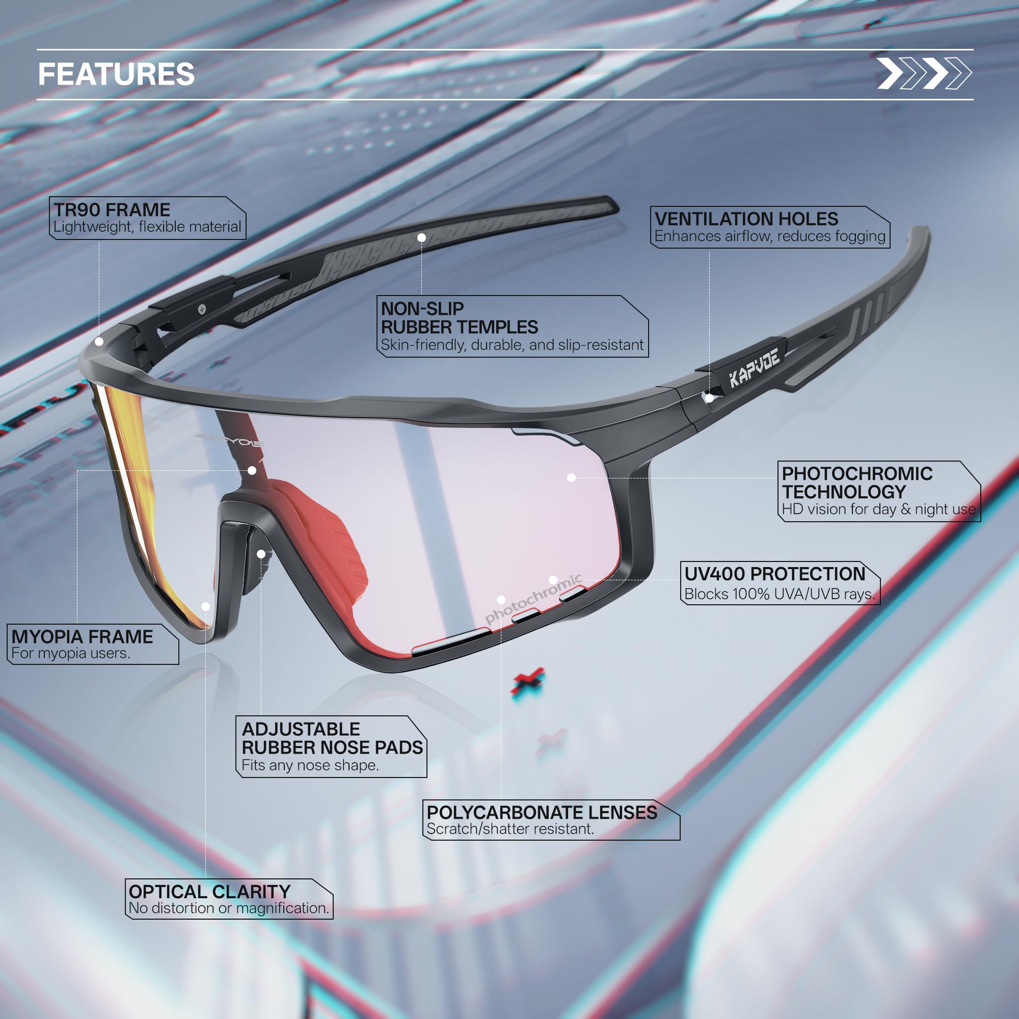 KAPVOE Selbsttönende Fahrradbrille Herren Damen K76 | TR90-Rahmen für Radfahren und Laufen.