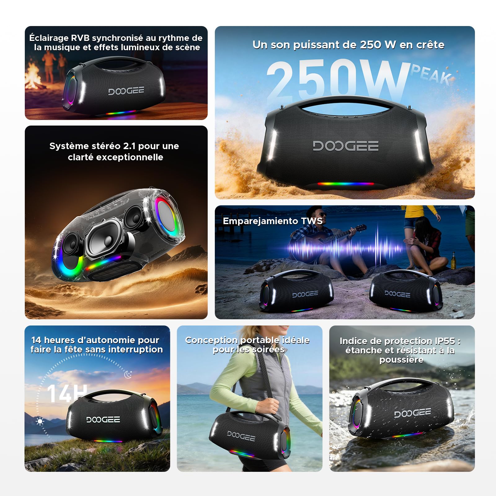 Enceinte Bluetooth Puissante, 250W Enceinte Bluetooth Portable avec Bass Puissantes, 12000 mAh Batterie, Autonomie 14H, Lumière RGB, DSP, TWS Haut Parleur sans Fil IP55 Étanche pour Extérieur, Fêtes