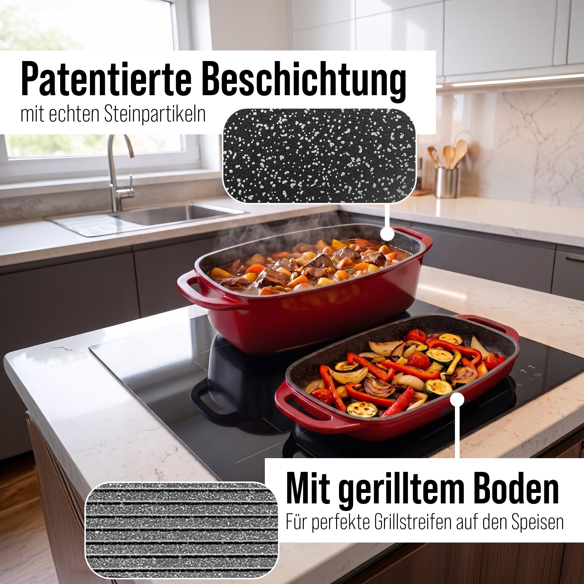 STONELINE Casseruola XXL 43x26 cm, Rostiera con Coperchio in Alluminio Pressofuso a Induzione, Coperchio utilizzabile come Stampo, Rivestimento Antiaderente con Vere Particelle di Pietra, Rosso