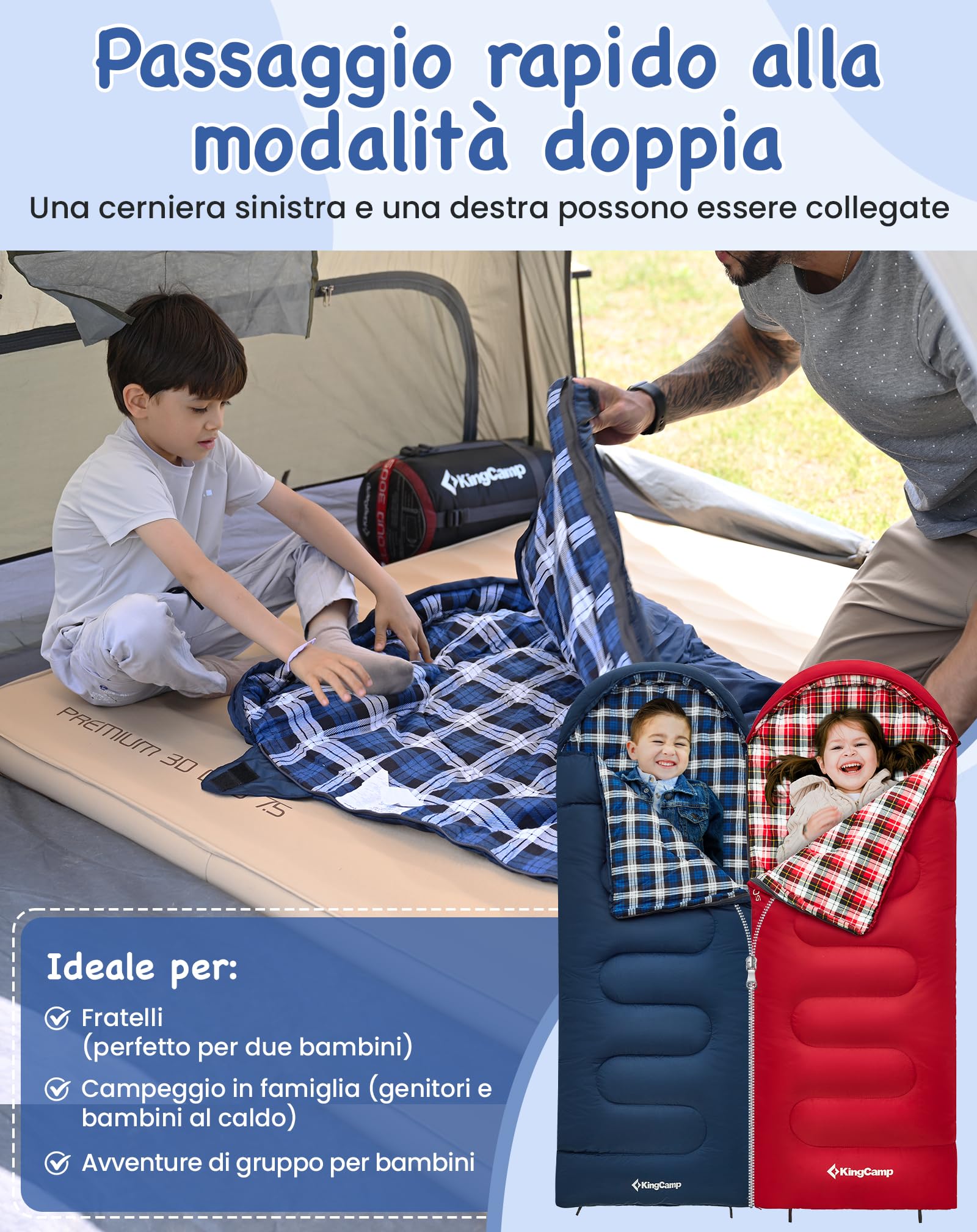 Kingcamp Sacco a Pelo Bambini Inverno,Flanella di Cotone,170 X 70 CM(Massima Adatta a 145 Cm),7℃ a -13℃,4 Stagioni,Coperta Invernale Compatta per Campeggio, Viaggi, Tende, Esterno e Interno