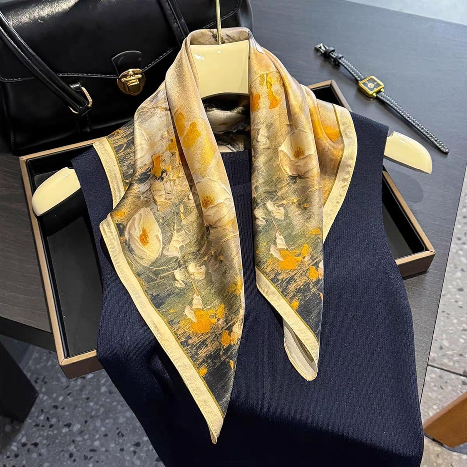 100% Mulberry Silk Neck Scarf - 21"x21" Small Printed Square Neckerchief Scarves for Women Gift Packed - Image 2