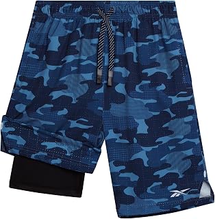 Reebok Boys Althletic Basketball Shorts with Compression Liner 1 or 2 Pack | Performance Gym Shorts for Boys - Ventilated Performance Fabric, Supportive Inner Lining, Pockets, Adjustable Drawstring