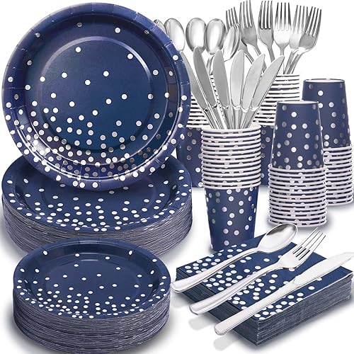 350 platos y servilletas azul marino para fiestas, platos de papel azul marino con cubiertos de plástico para 50 invitados, platos de cumpleaños