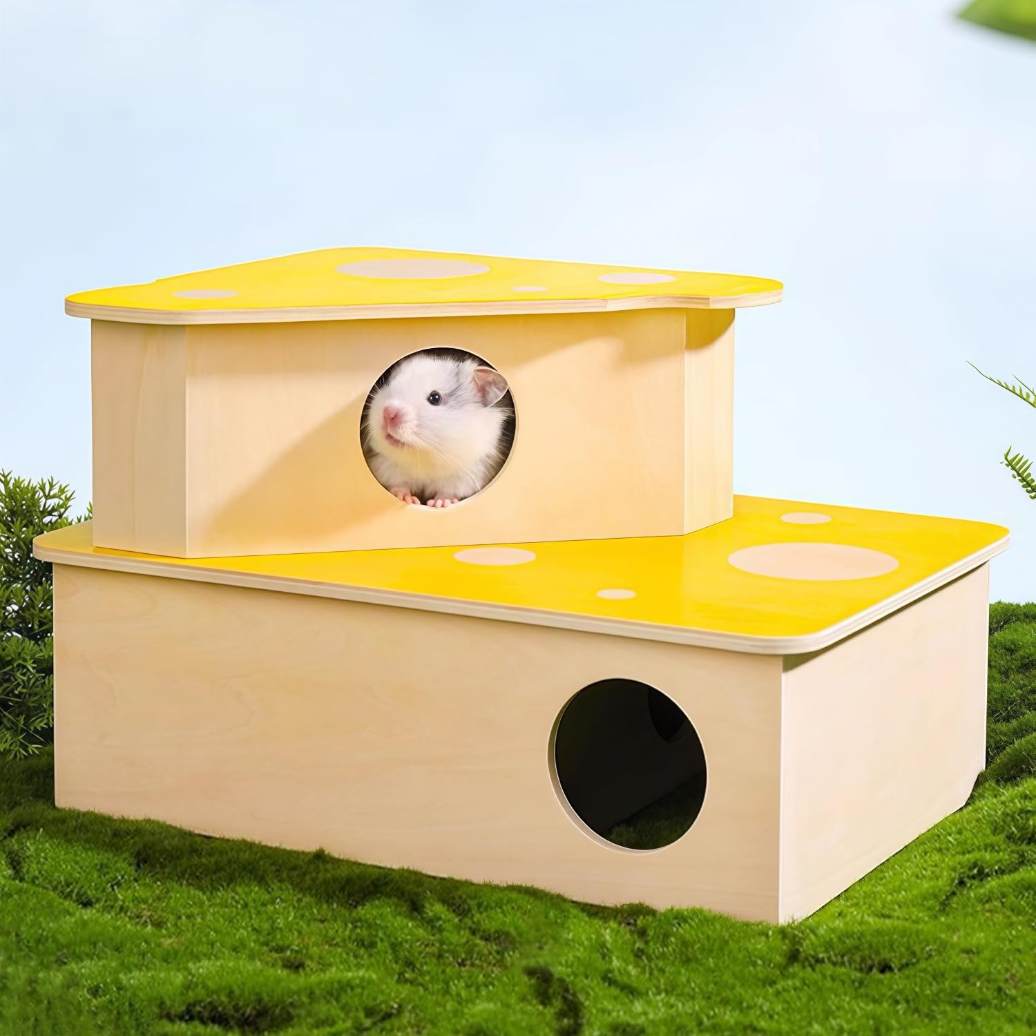 2 Pcs Syrian Hamster Hideout，Wooden Hamster Maze,Tunnel Multi Chamber Hamster Hideout Secret Peep Shed and Exploring Toys,Hamster Cage Decor(Fits 24.4''L Acrylic Hamster Cage)