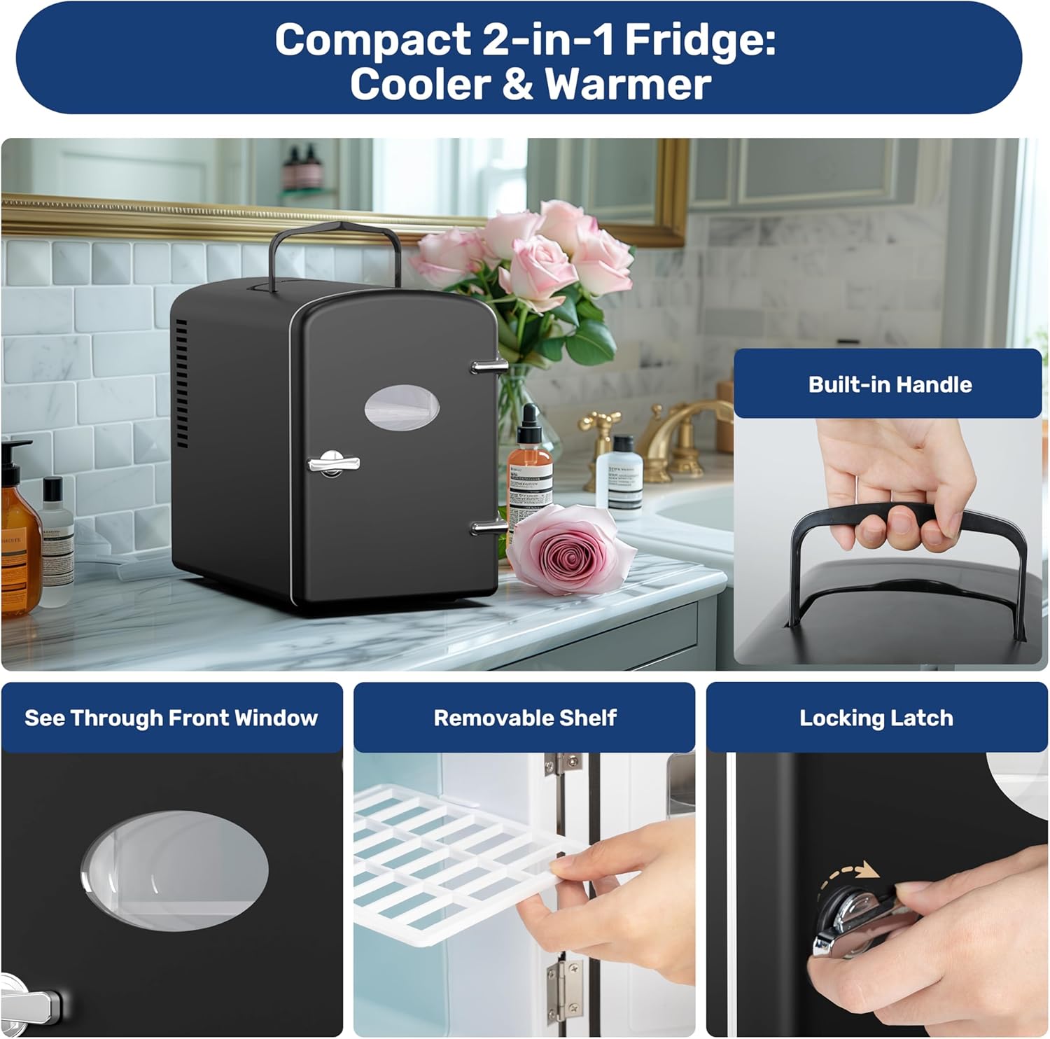 Simple Deluxe 9 Can Mini Observation, Portable Cooler & Warmer Freon-Free Small Refrigerator, Compact Fridge for Skincare, Beverage, 6L with Window, Black