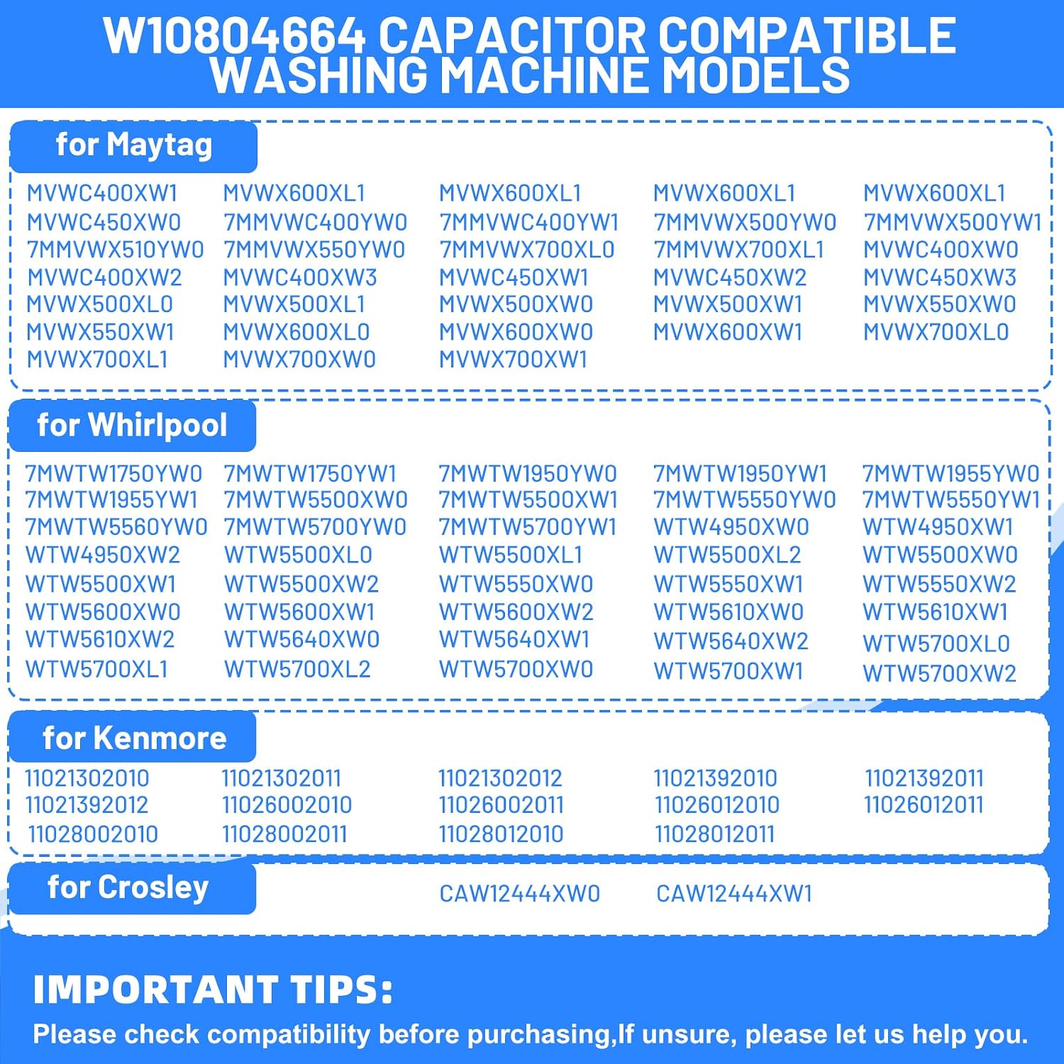 W10804664 W10278117 AP5982844 Washing Machine Run Capacitor Replacement for Whirlpool Washer Capacitor, Replace W10666221 W10804664VP 4247711 EAP11703494 PS11703494, Fit for Whirlpool Maytag Kenmore