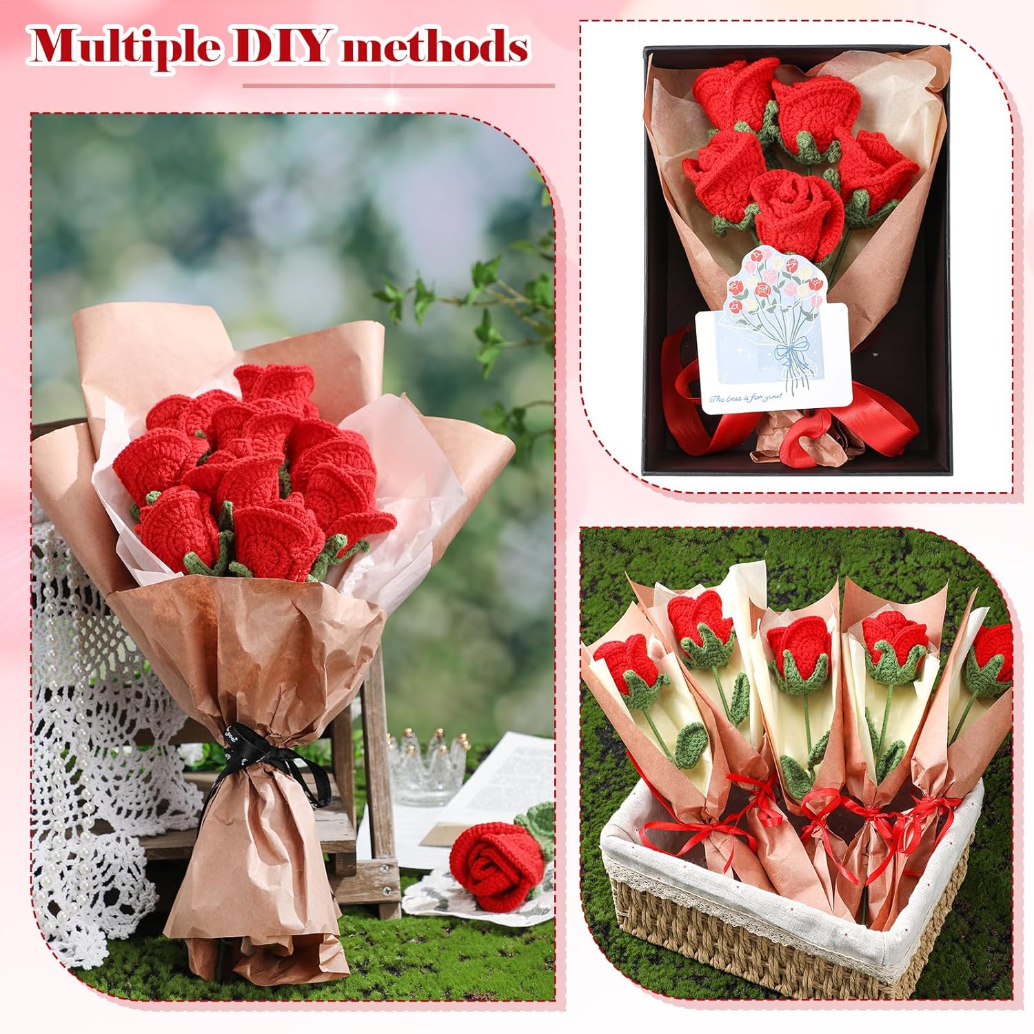 Shihanee 10 Pcs Valentine's Day Red Crochet Roses Bouquet, Handmade Knitted Flowers, Forever Artificial Roses Gift for Women Wife Mother Friend