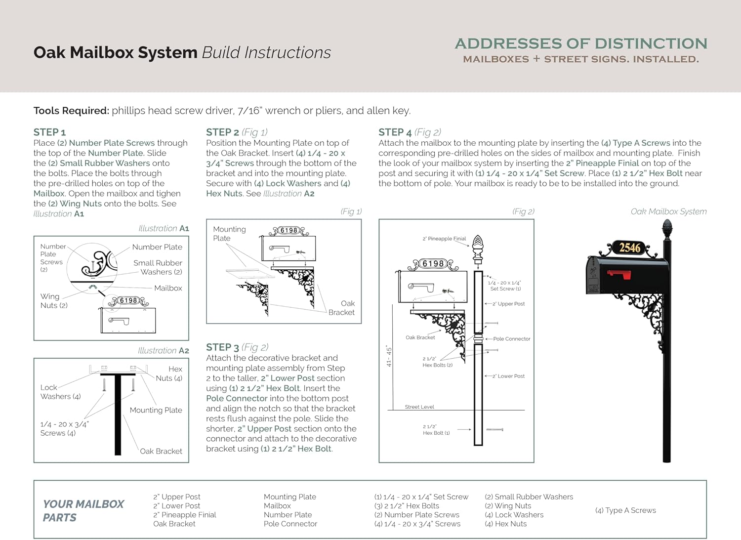 ADDRESSES OF DISTINCTION Oak Mailbox & Post Kit – Black Mailbox System – Includes Address Plaque, Bracket & Mounting Hardware – Rust Resistant Metal Mailbox with Decorative Finial