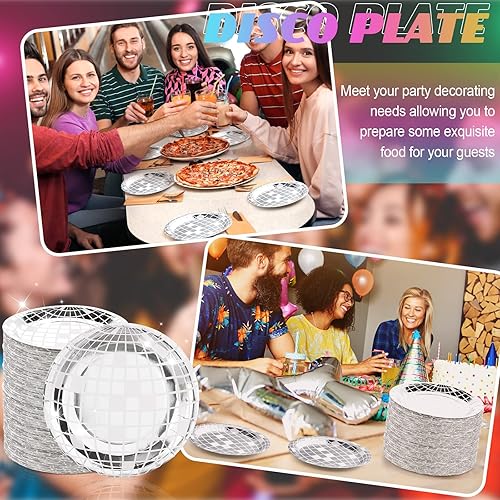 Miniatura 7 de Funtery 50 platos de discoteca de 9 pulgadas, platos de papel plateados de los años 70, decoraciones de fiesta desechables de discoteca postre plato