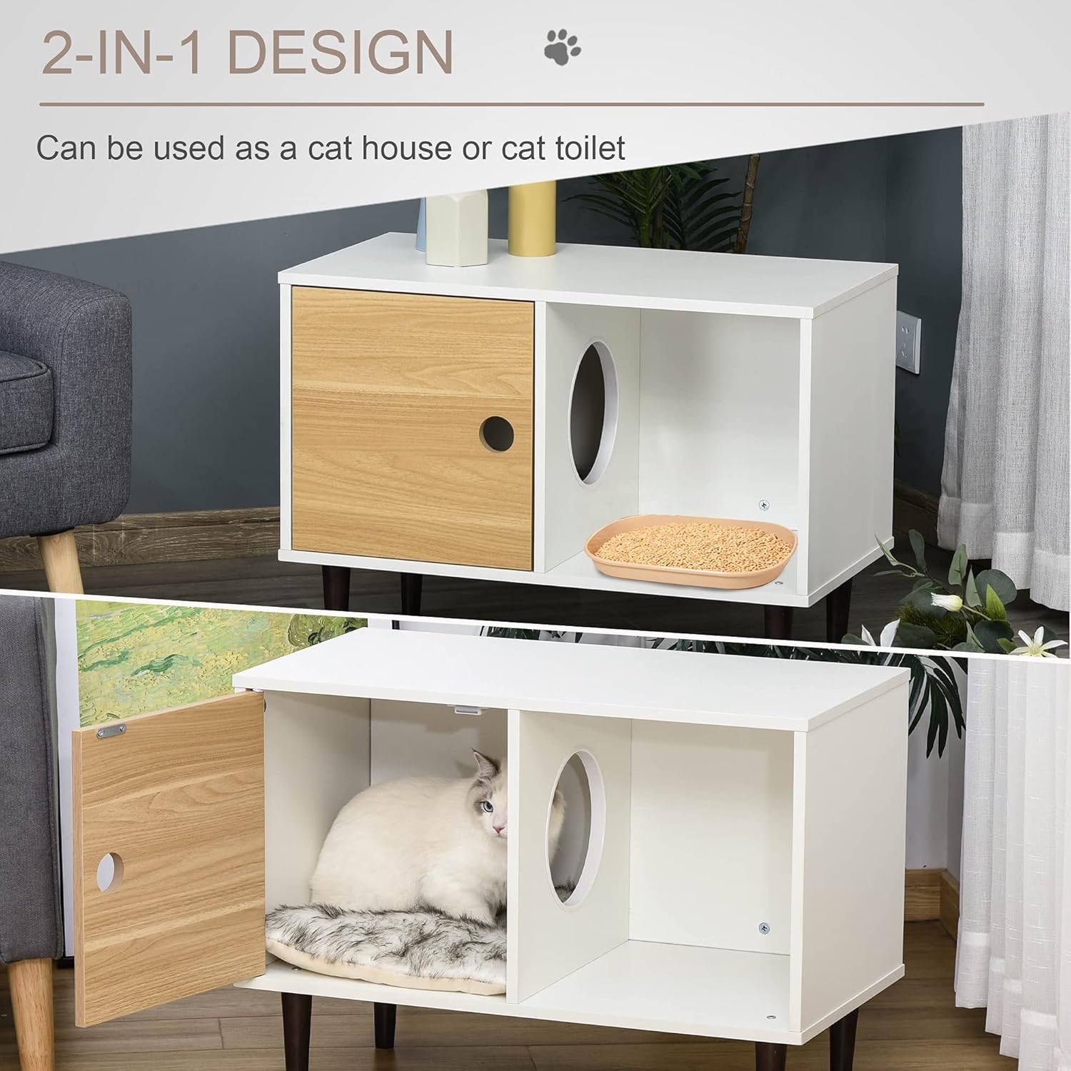 review PawHut Wooden Cat House with Soft Cushion, Decorative Kitten Condo Side Table, Elevated Pet House with Storage Space