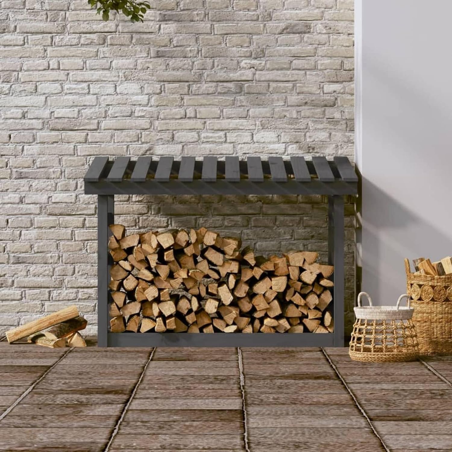 Firewood Rack Grey 108X64.5X78 Cm Solid Wood Pine, Firewood Log Rack, Firewood Storage Rack Shelf, Ventilation Metal Log Store Holder For Outdoor Indoor Wood Stand Set Lo