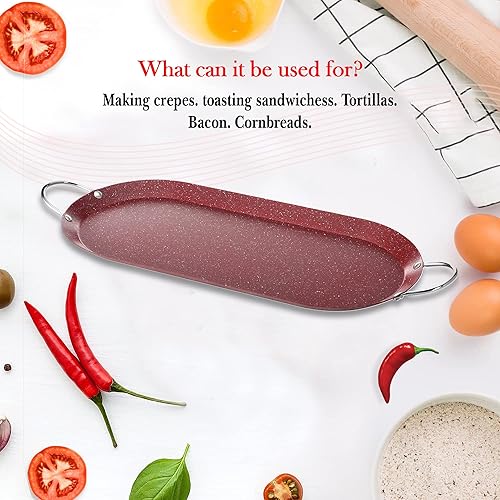 Miniatura 7 de Alpine Cuisine Comal - Plancha antiadherente de 17.5 x 8 pulgadas, color rojo con doble mango duradero, resistente para cocinar, calefacción uniforme