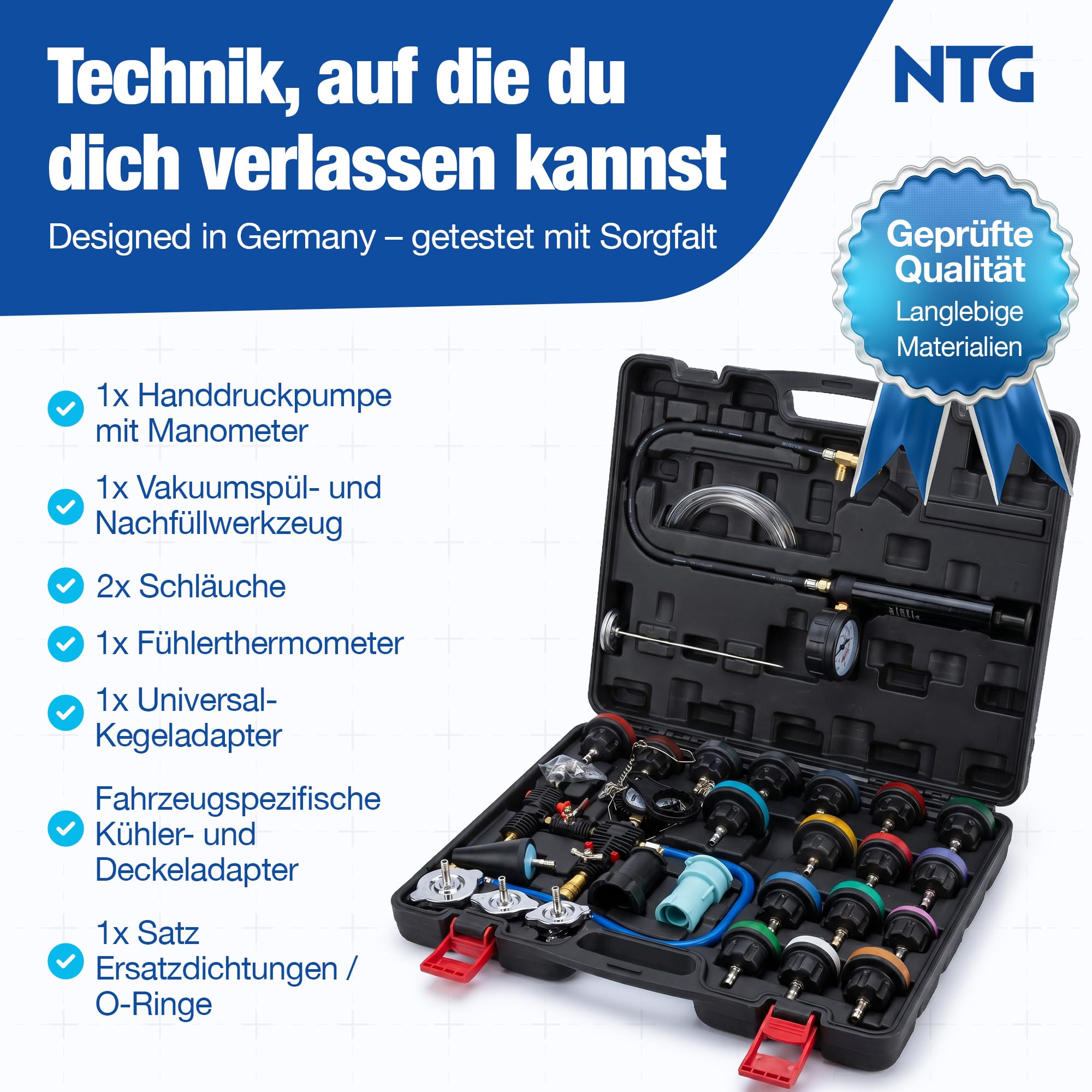 NTG 28-teilig Kühlsystemtester & Kühler Abdrückgerät | Vakuum Kühlmittel Befüllgerät Entlüftungsgerät Set | Kühlsystem Abdruck und Prüfgerät Tester Werkzeug Set Kfz PKW