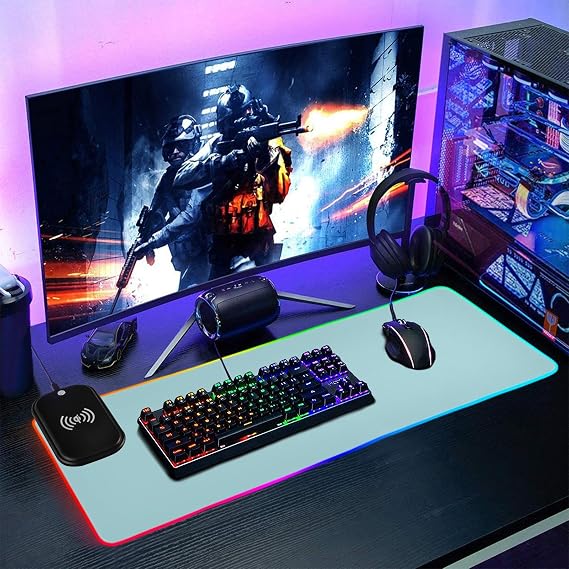 Aqua Extra Large RGB Gaming Mouse Pad with 15W Qi Fast Wireless Charging, 14 Lighting Modes, Extended Soft LED Mouse Pad, Anti-Slip Rubber Base, Mouse and Keyboard Pad 35.4 x 15.7 Inch