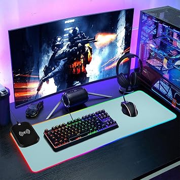 Aqua Extra Large RGB Gaming Mouse Pad with 15W Qi Fast Wireless Charging, 14 Lighting Modes, Extended Soft LED Mouse Pad, Anti-Slip Rubber Base, Mouse and Keyboard Pad 35.4 x 15.7 Inch