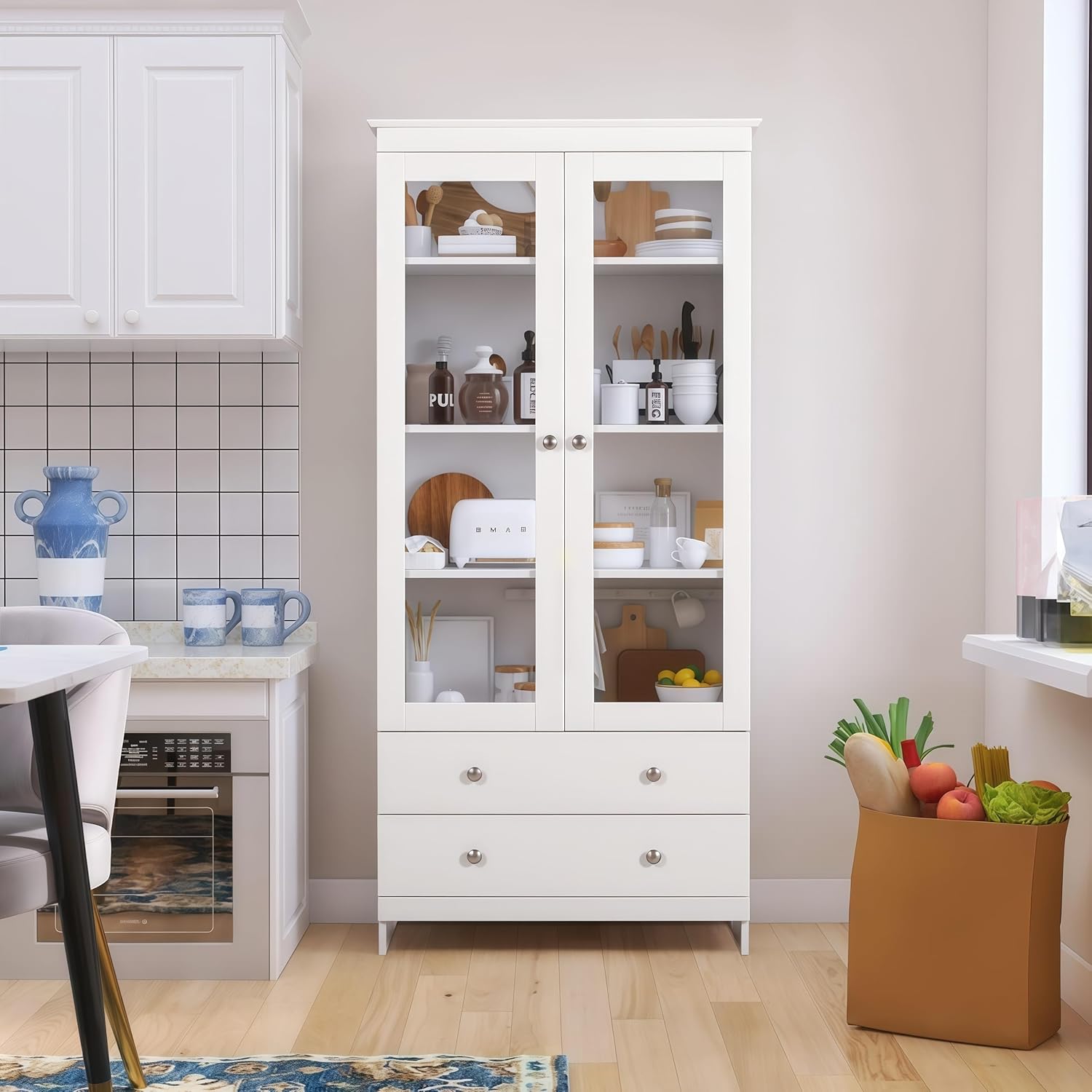 YIGOBUY Bookcase with Glass Doors 4-Tier Tall Bookshelf with Cabinet and Drawers Wood Curio Storage Cabinets Wide 4 Cube Storage Organizer for Living Room Bedroom Bathroom Office Kitchen