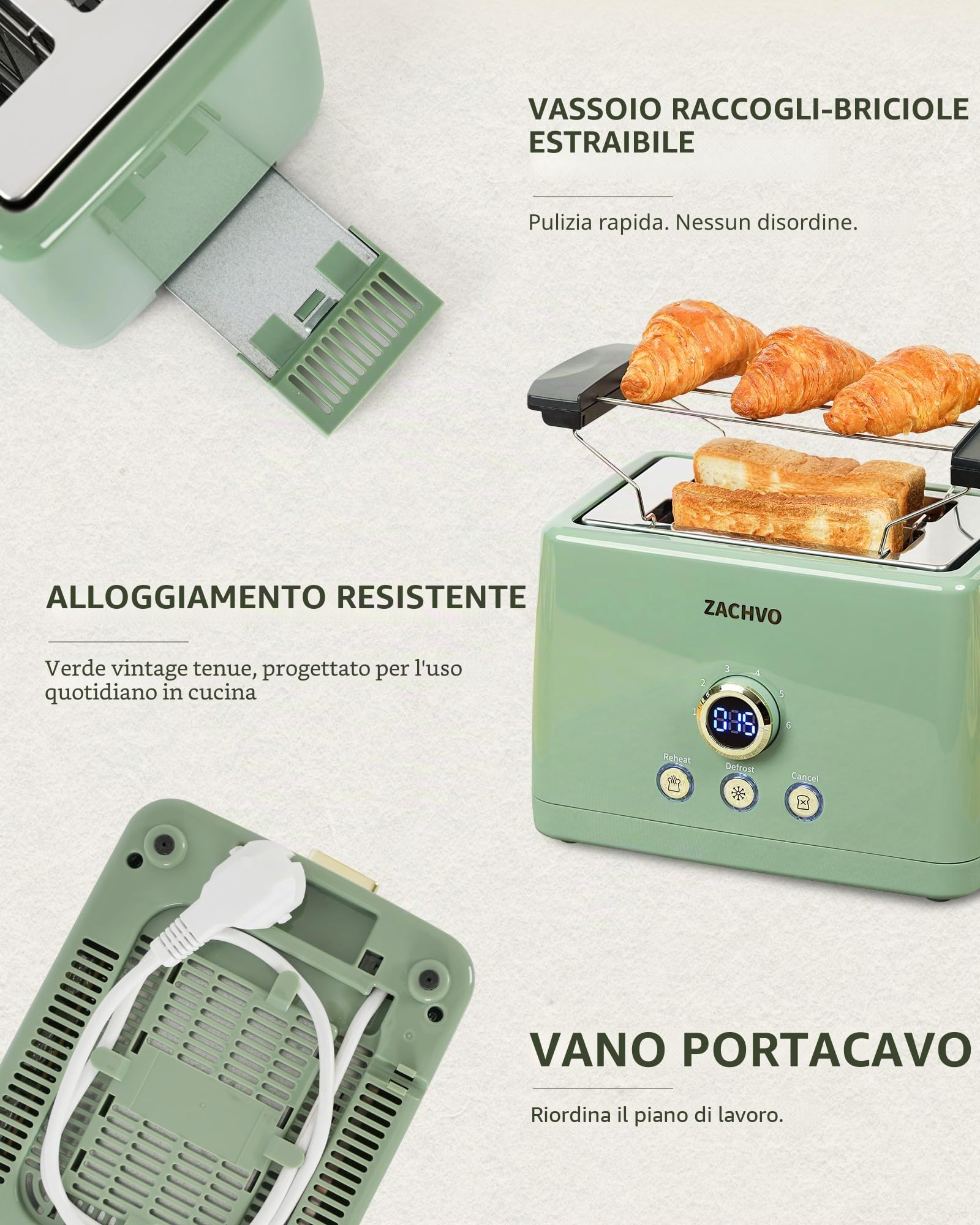 Tostapane 2 fette, ZachVO tostapane con inserto per panini, 6 livelli di doratura, cassetto raccoglibriciole rimovibile da 850 W, schermo a LED, High Lift, riscaldamento, scongelamento, funzione di