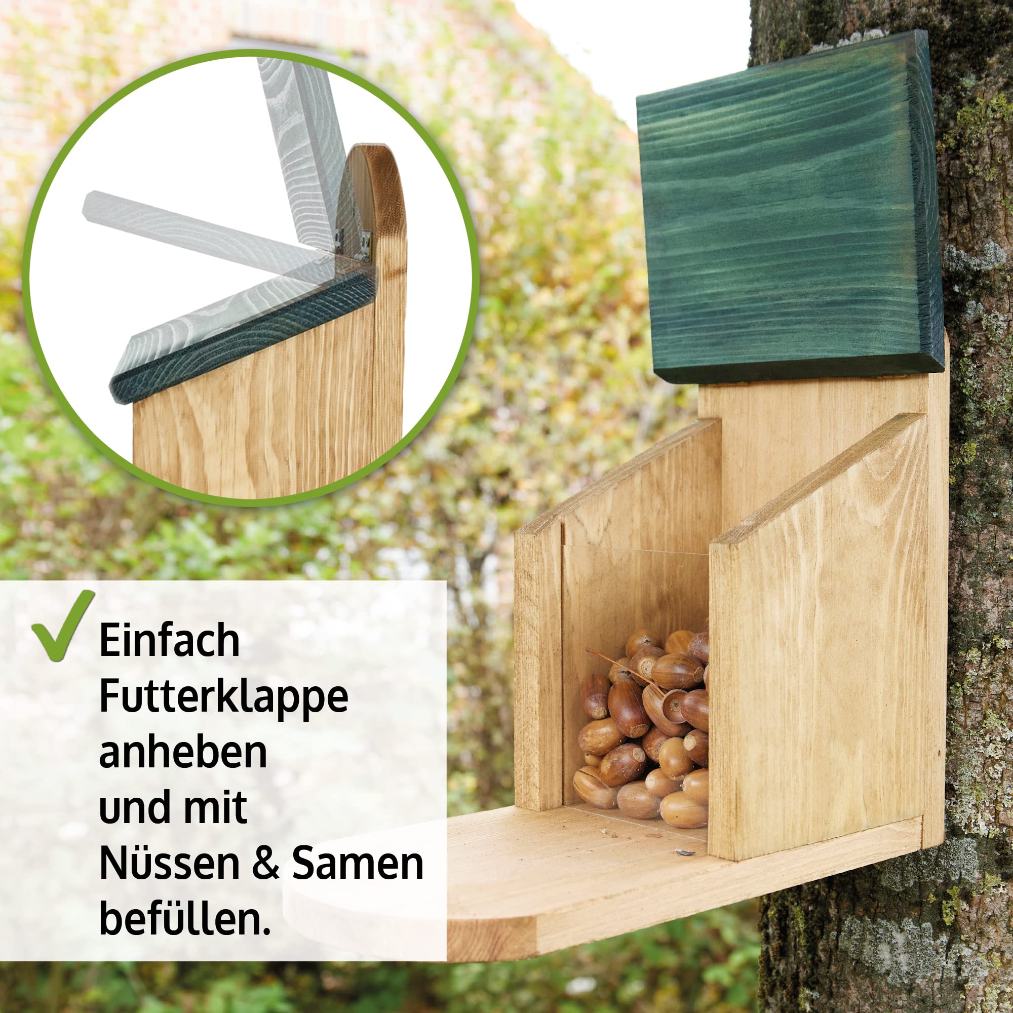 zooprinz wetterfestes Eichhörnchen Futterhaus mit großer Sitzplattform - aus langlebigen Massiv-Holz I große & stabile Futterstation I Langlebiges Eichhörnchenfutterhaus, ganzjährig