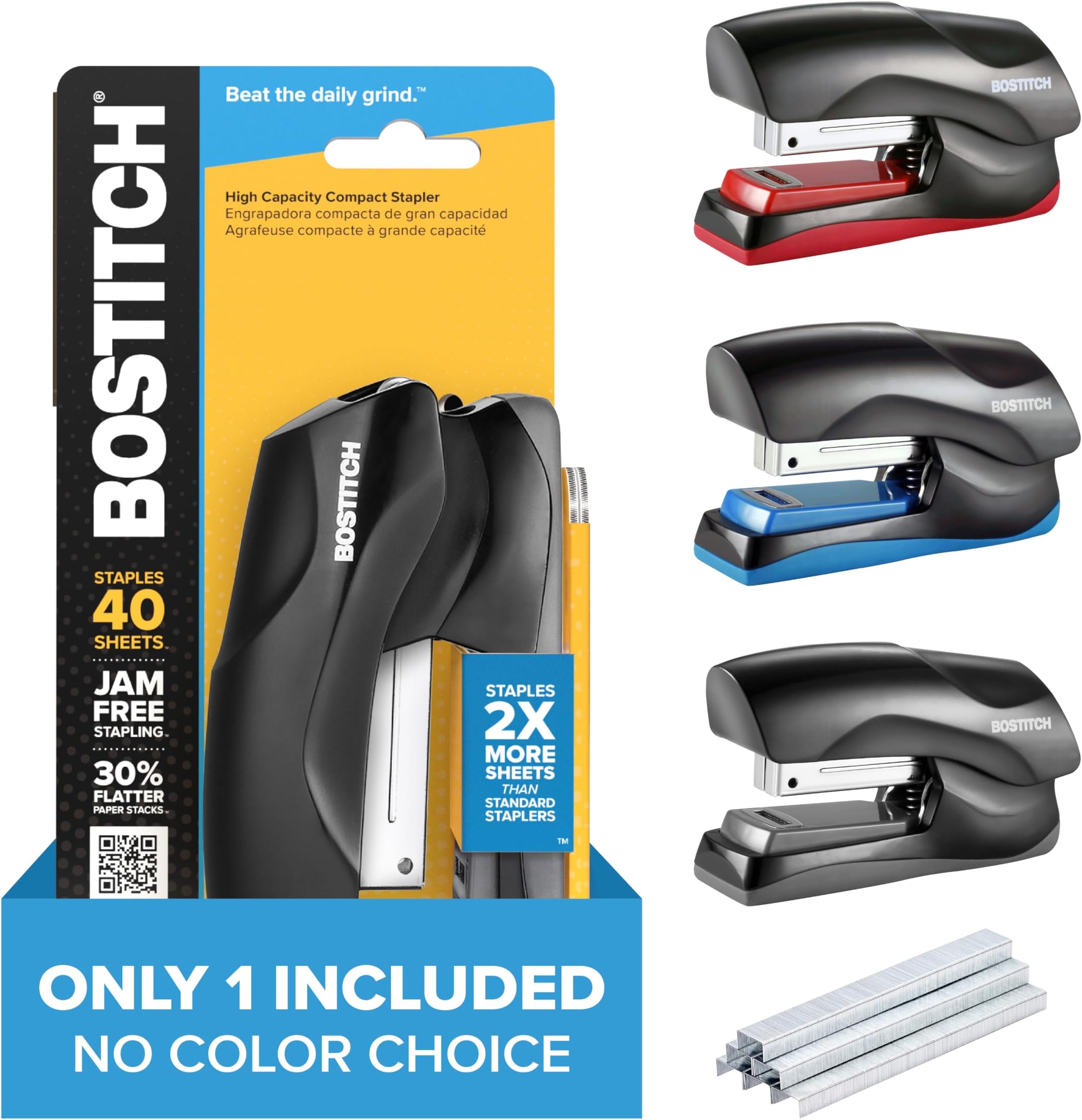 Bostitch Office Heavy Duty 40 Sheet Stapler, Small Stapler Size, Fits into the Palm of Your Hand; Assorted - No Color Choice, One per Order (B175-ASST)
