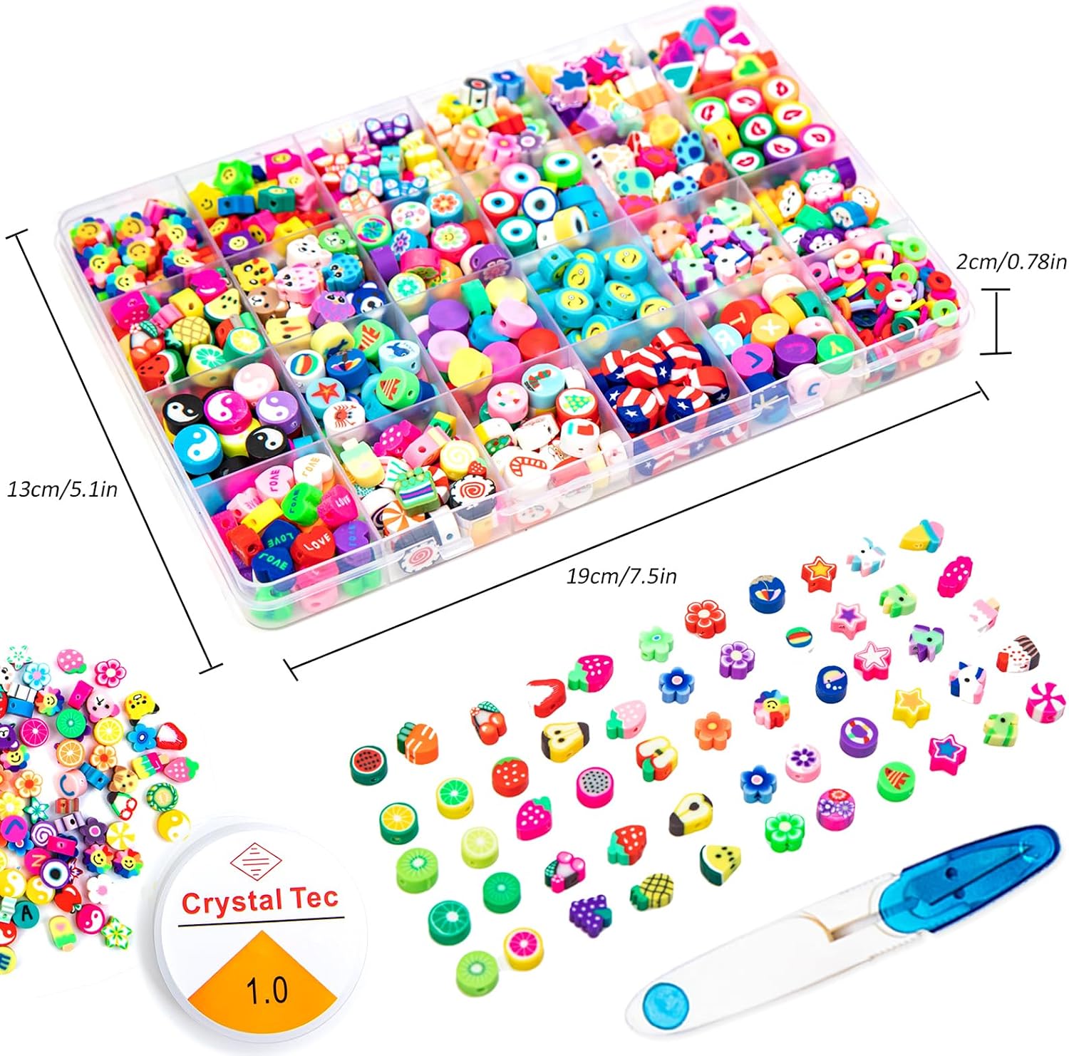 666PCS Flower Smiley Polymer Clay Beads Charms 24 Styles Cool Fun Cute Preppy Beads for Jewelry Making Girls Indie Aesthetic Beads DIY Bracelet Accessories Kit 5m Crystal Elastic String for Kids