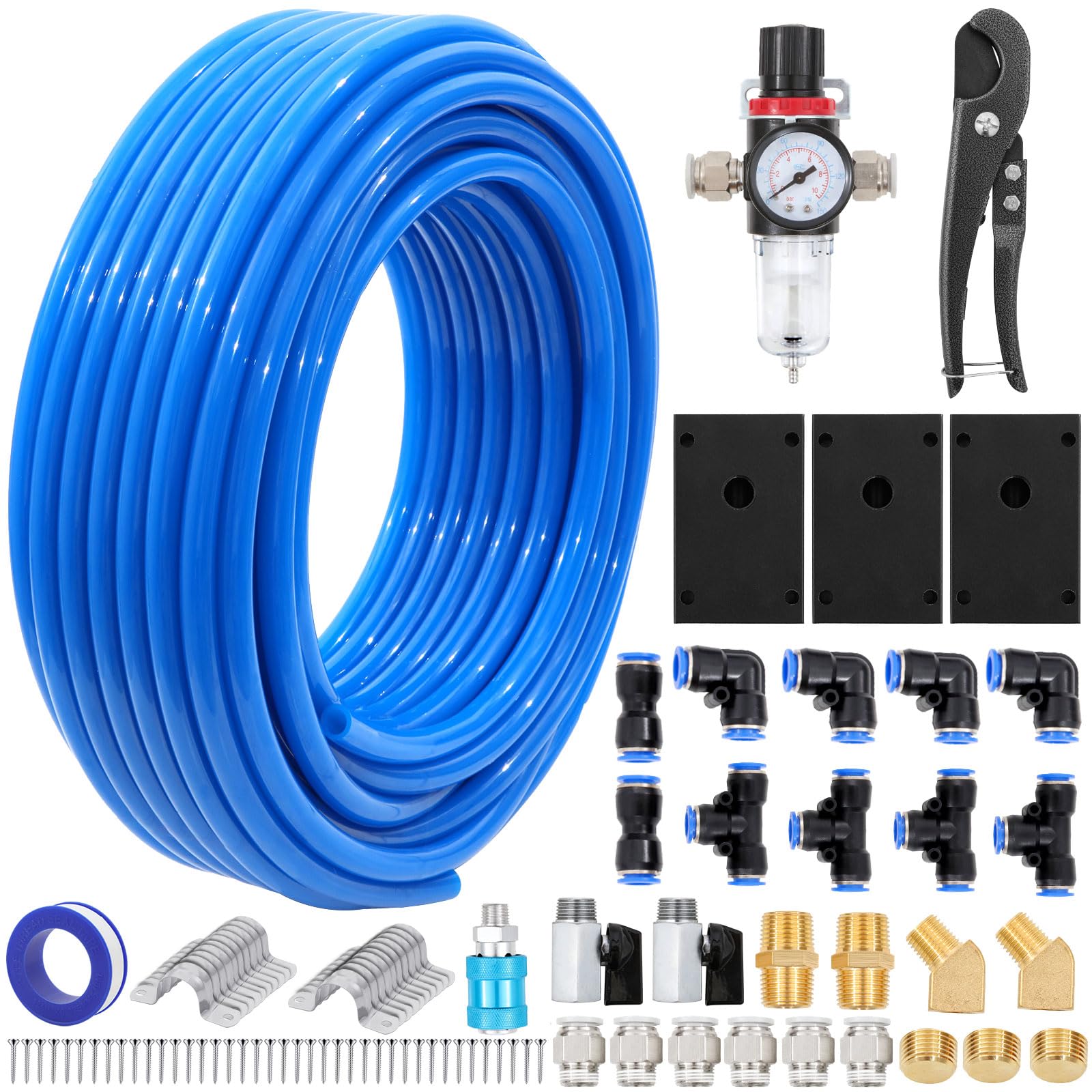 Shop Air Line Kit,Blue 1/2 Inch 100ft PU Air Tubing Kit, Hose Air Line TubingOr Fluid Transfer Pneumatic tubing with Push to Connect Fittings