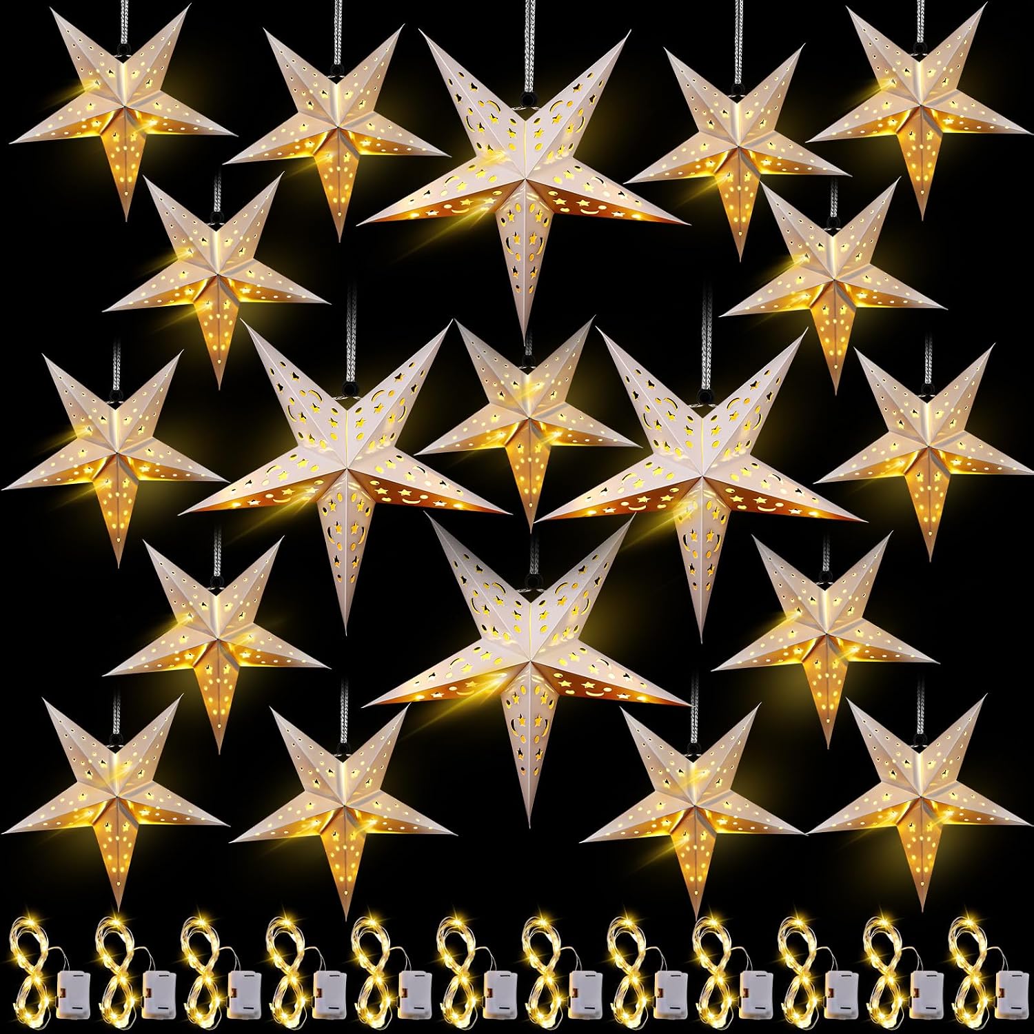 Hortsun 20 Set Christmas Paper Star Shape Lantern 2 Size 17.7 11.8 Christmas Hanging Ornaments Lights 3D Lampshade Hanging Decor with 20 LED Light for Xmas New Year(Silver