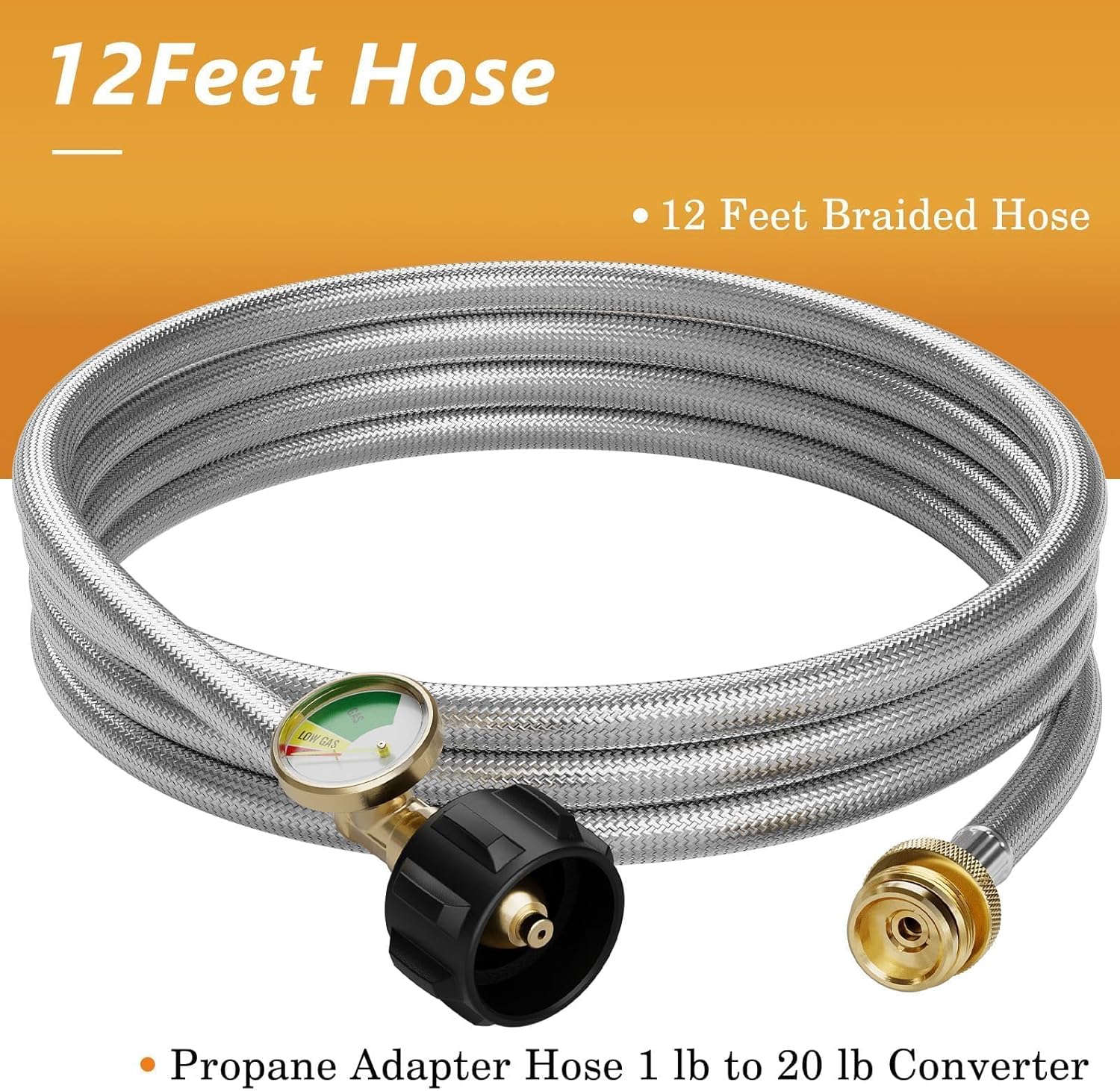 NUPICK Propane Adapter Hose, 12FT Propane Hose with Gauge for Weber Q Grills, Coleman Camping Stove, Blackstone 17" 22" Tabletop Griddle, Char-Broil Grills, Buddy Heater, Converts 1lb to 20lb Cylinder