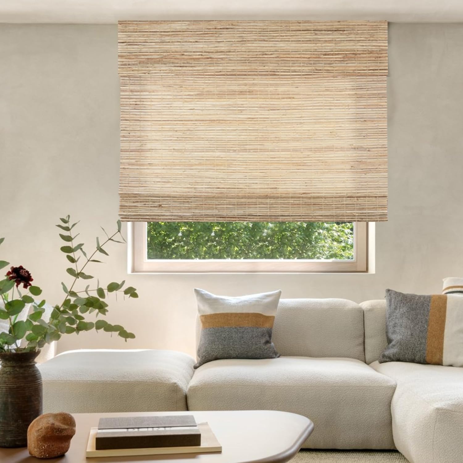 Roman Shades Cordless,Customized Natural Jute Woven Window Treatment,Light Filtering Blinds,Linen Bamboo Shade,for Indoor Living Room,Office,Bedroom,36" W X 60" H