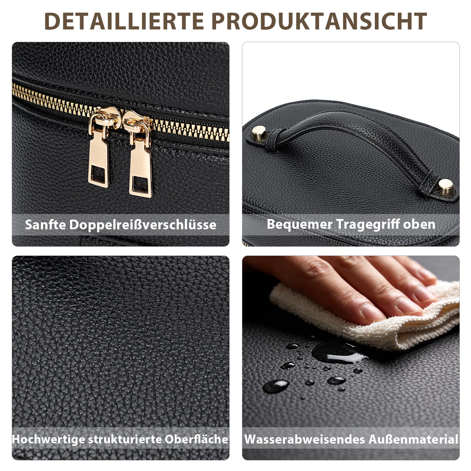 Kosmetiktasche Damen, Make Up Tasche für Frauen – Leder Vanity Case mit herausnehmbarer Trennwand, Waschbare Fächer