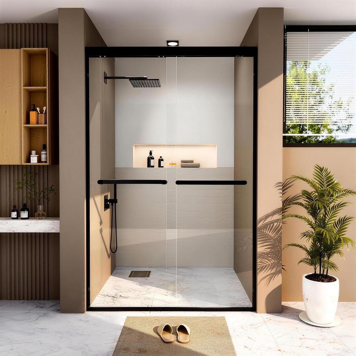 Kullavik Shower Door 44-48'' W x 72'' H Semi-Frameless Bypasss Bathroom Glass Shower Double Sliding Doors,1/4'' (6mm) Clear SGCC Tempered Glass with Explosion-Proof Film,Black