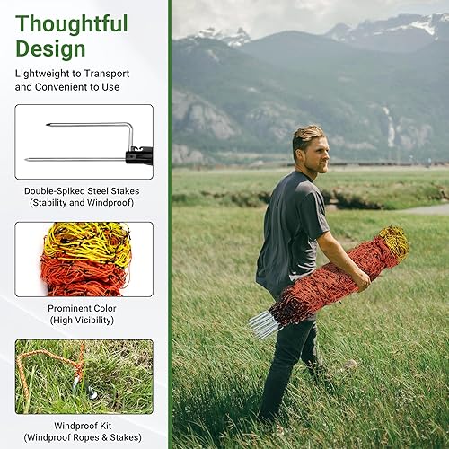 Miniatura 6 de Red eléctrica de 35.4 pulgadas de alto x 164 pies de largo, red eléctrica con postes y estacas de doble pincho, red eléctrica portátil para patios