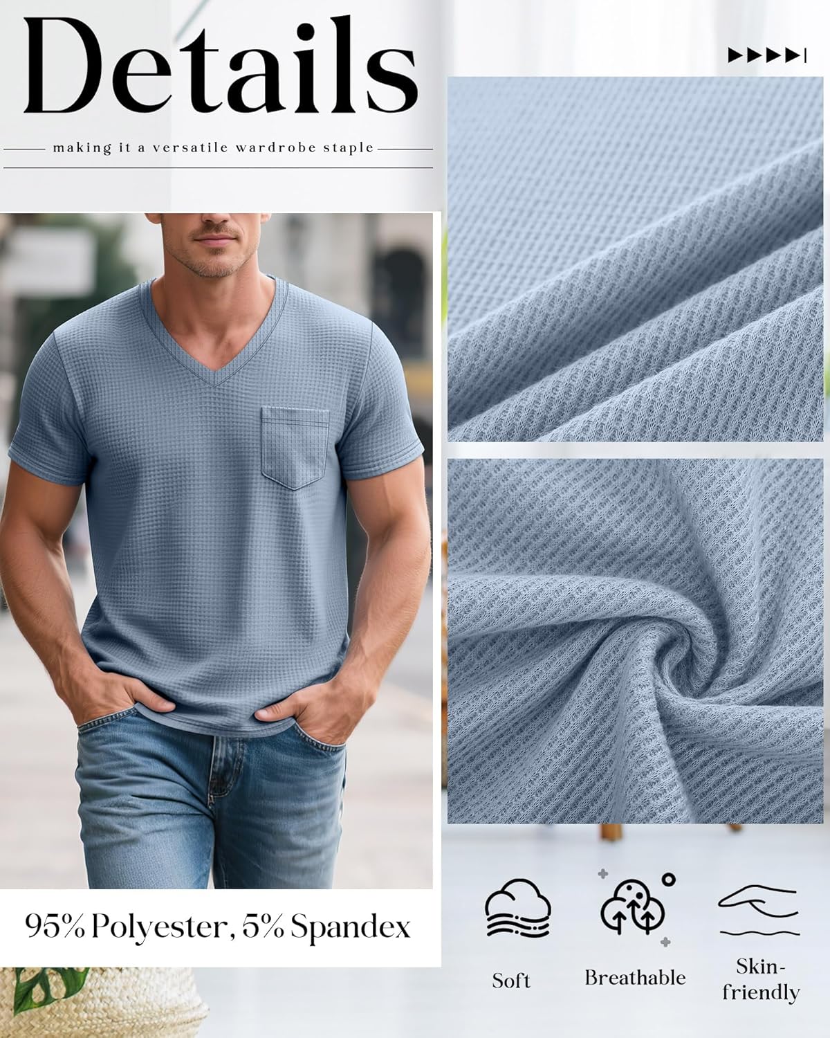 Huukeay 3 Pack Men's Waffle Shirts V Neck Tee with Pocket Short Sleeve Textured Knitted Summer Casual Basic Tops - Image 2