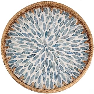 Round Rattan Tray with Mother of Pearl Inlay, Rattan Serving Tray for Co...