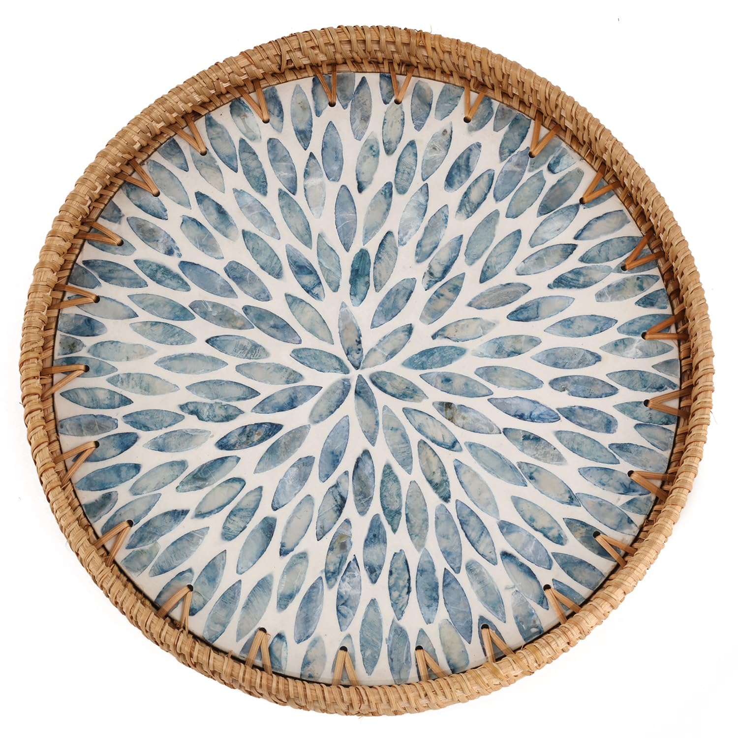 Tynulox Round Rattan Tray with Mother of Pearl Inlay, Rattan Serving Tray for Coffee, Bread, Fruits, Decorative Wicker Tray for Table Decor, Home