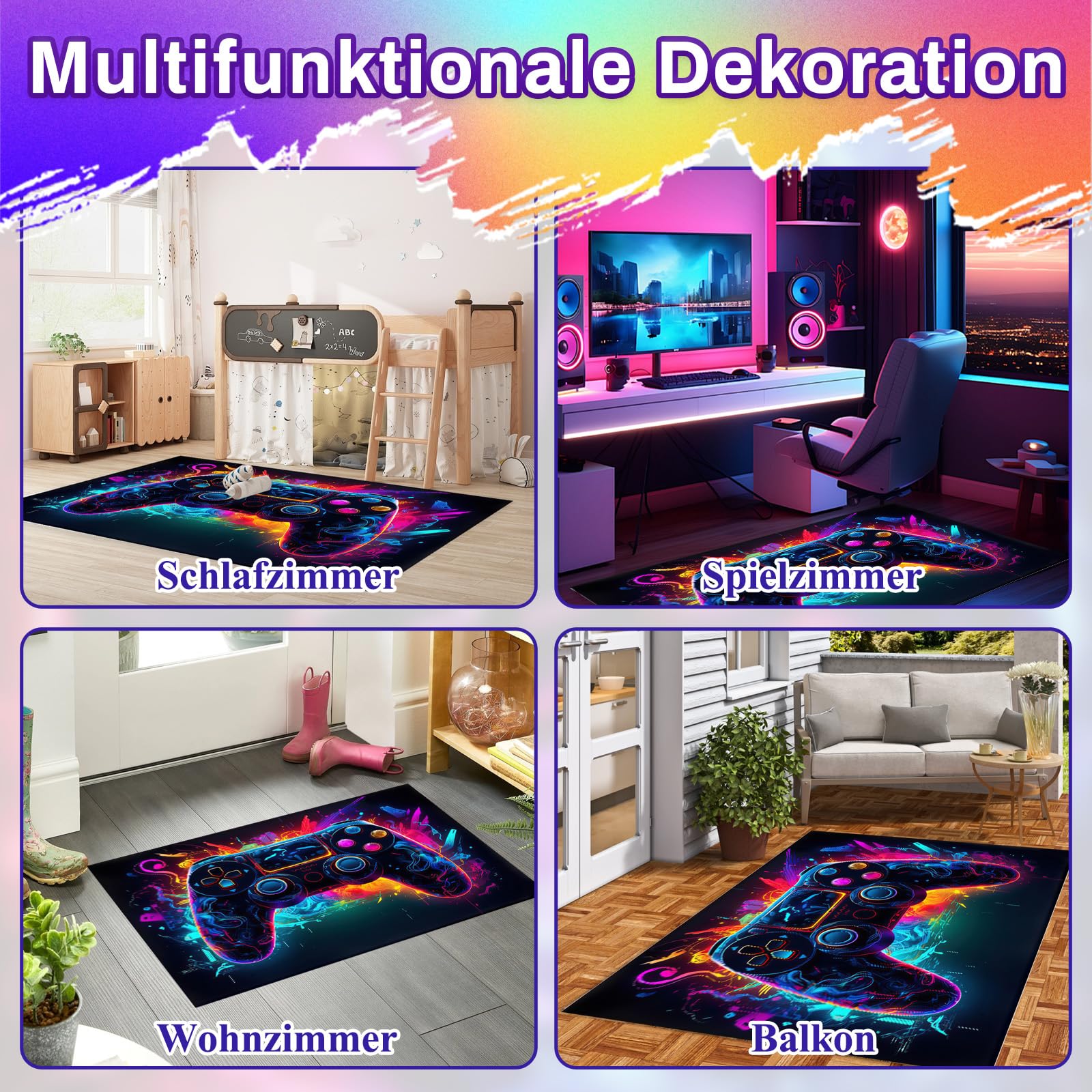 Gaming Teppich rutschfest Kristall-Samt Gamer Fußmatte, Spielkonsolen-Teppich, Neon Farben, Coole Deko für Jungen Teenager Schlafzimmer Wohnzimmer 120x160cm