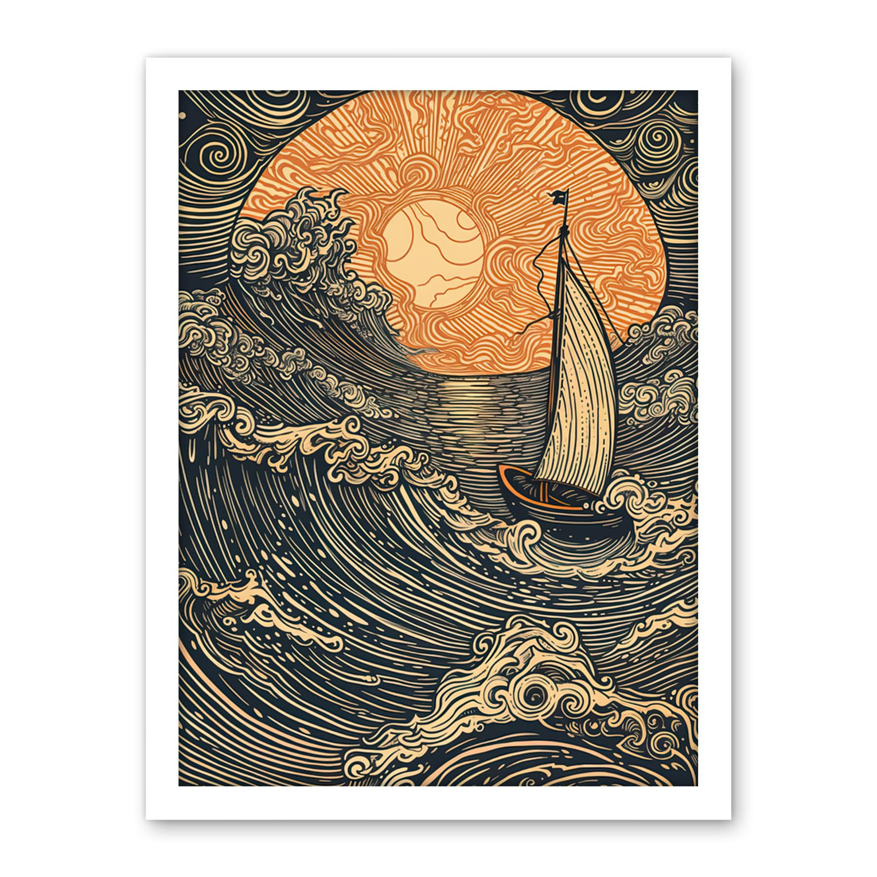 Artery8 Boat Sailing into the Sunset Linocut Illustration Artwork Framed Wall Art Print 18X24 Inch