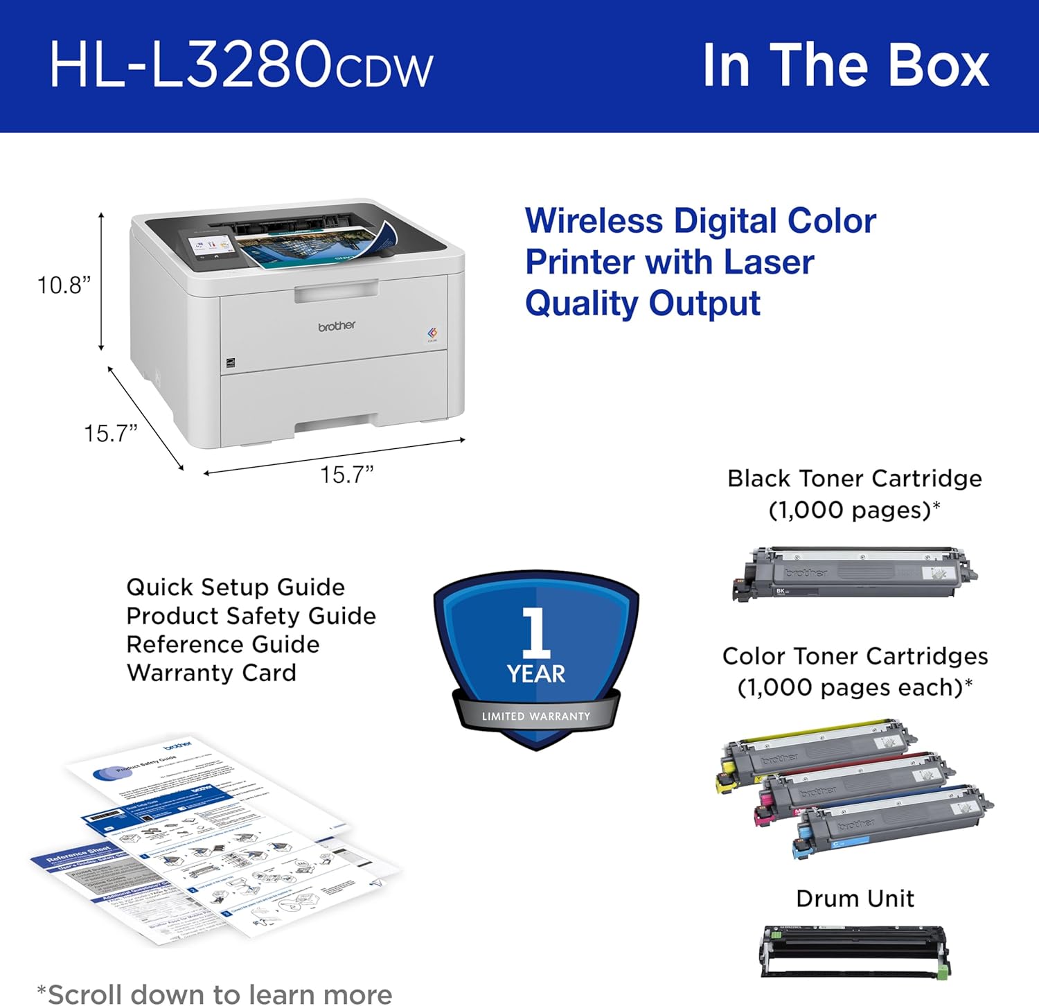 Brother HLL3280CDW Wireless Compact Color Laser Printer, Duplex, Mobile Printing & Ethernet | Includes 2 Month Refresh Subscription Trial¹, Amazon Dash Replenishment Ready (Renewed Premium)