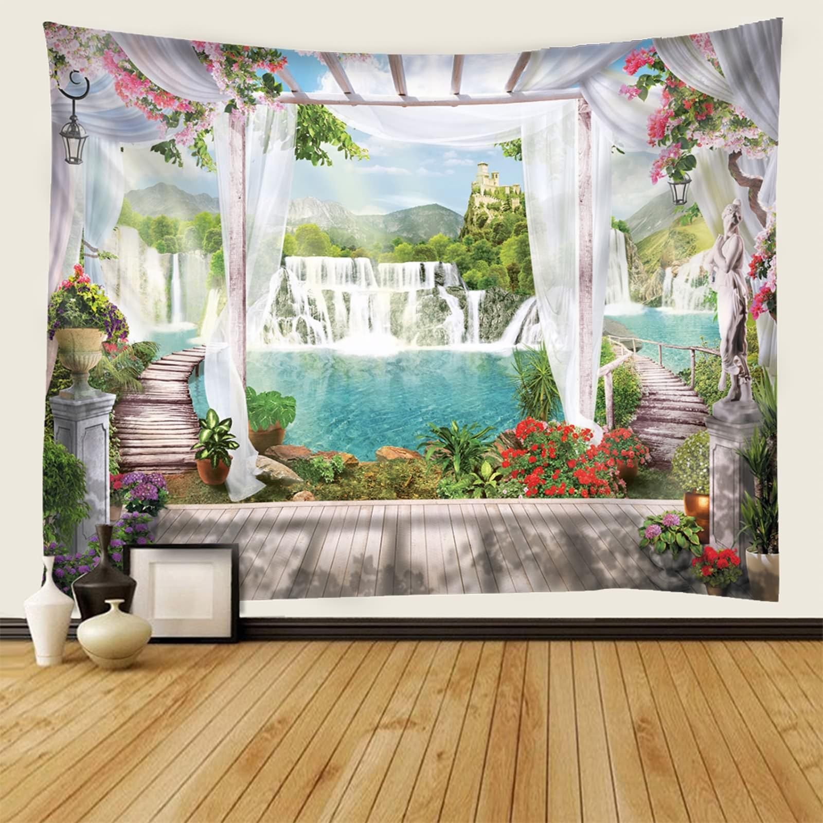 Tappeto Parete Soggiorno, Paesaggio del Padiglione della Cascata del Fiore Bianco Verde Decorazione da Parete per Camera da Letto, Soggiorno, 300x256cm