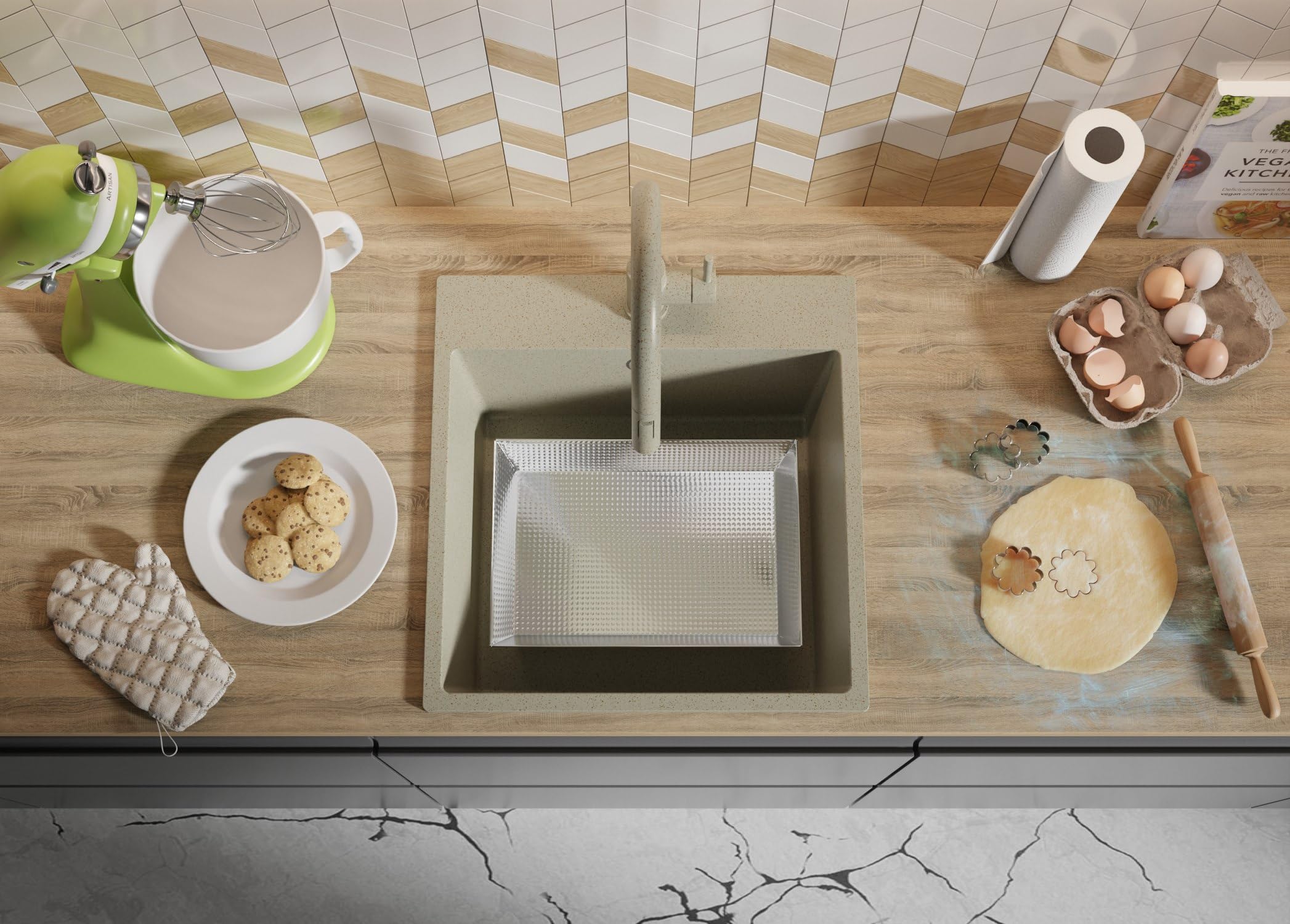 PRIMAGRAN Fregadero Cocina Beige - Riga, 48x50cm | Granito 1 Seno + Sifón, sobre Encimera al Mueble 50cm (S220)