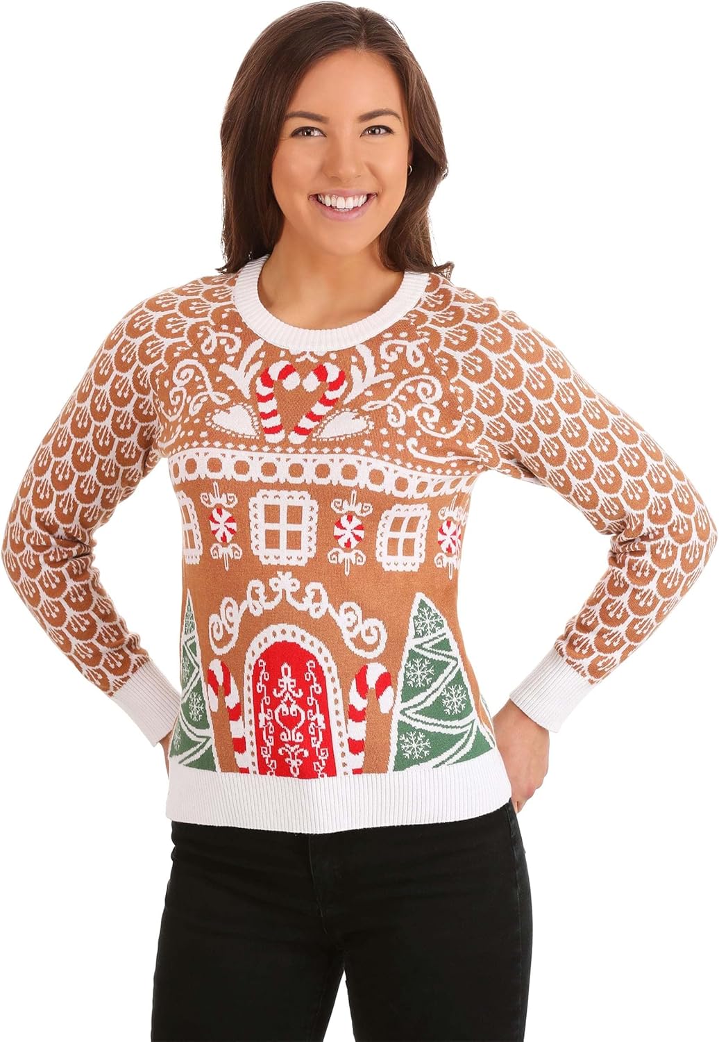 FUN.COM Women's Gingerbread House Ugly Christmas Sweater, Festive Christmas Sweaters, Knitted Xmas Holiday Crewnecks