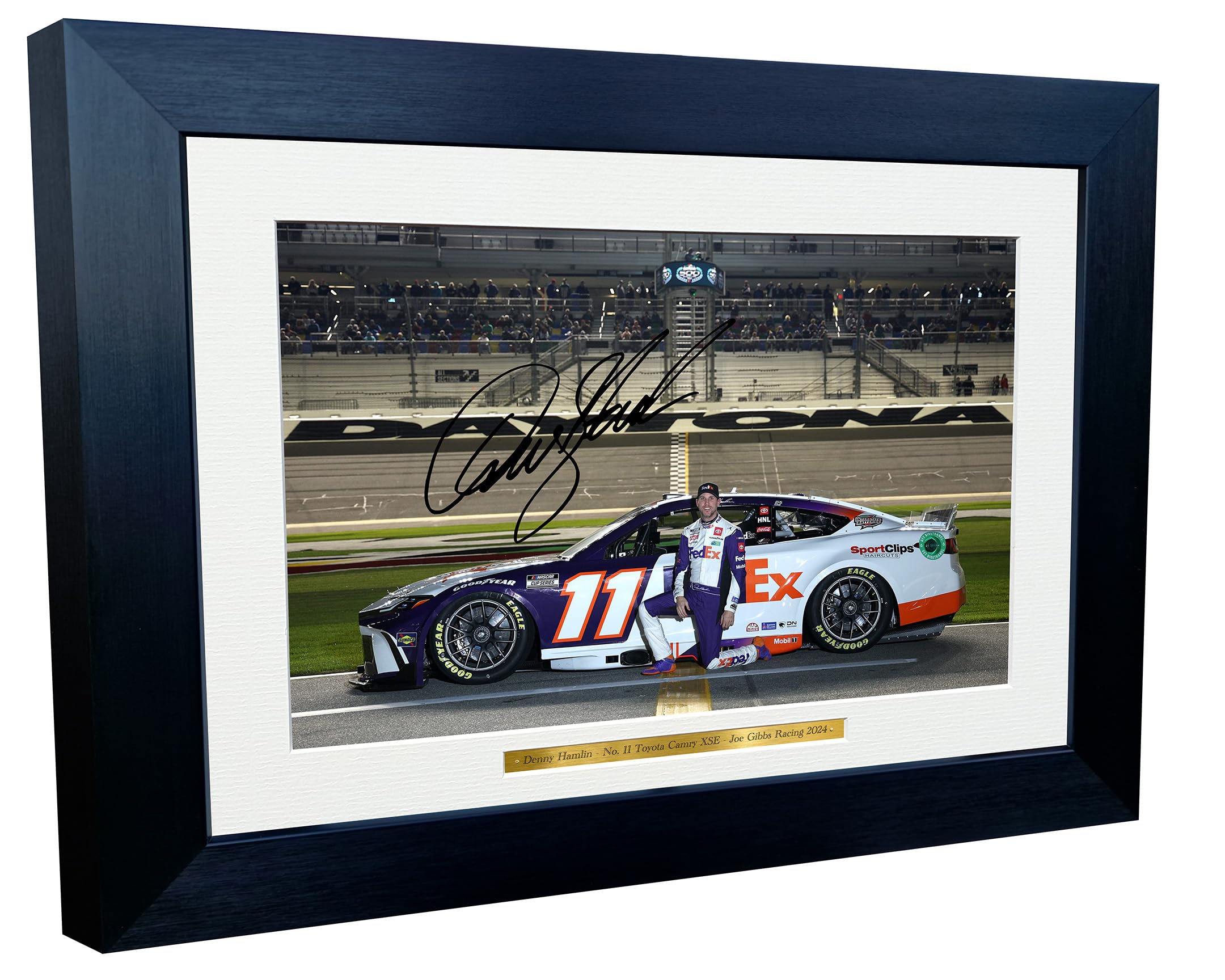 12x8 A4 Denny Hamlin 2024 Daytona 500 NASCAR Cup Series No. 11 Toyota Camry XSE for Joe Gibbs Racing Signed Autographed Signature Photo Photograph Picture Frame Poster Celebration Gift
