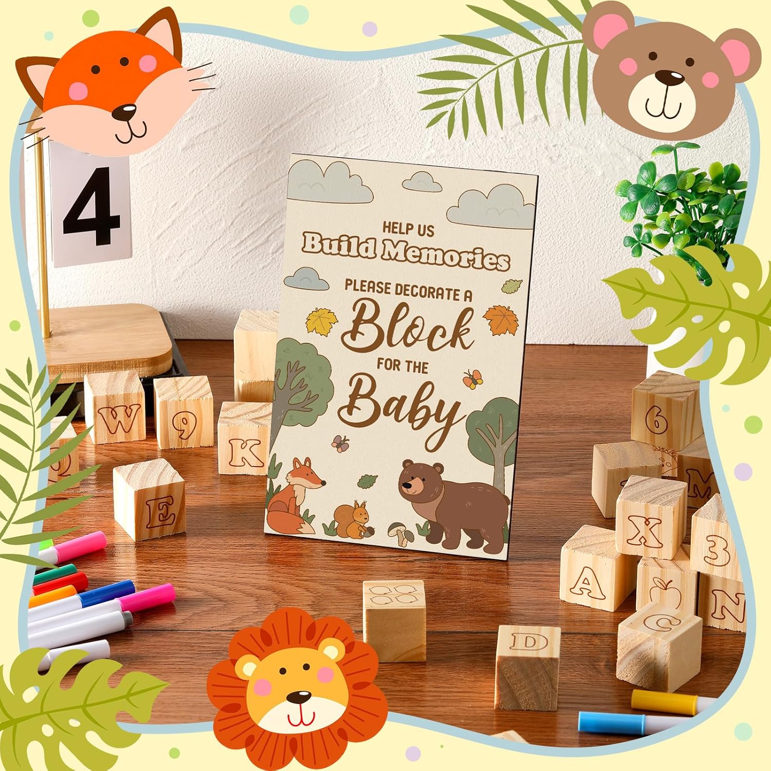 Watersay 53 Pcs Baby Shower Games Sign Kit Include 36 ABC Letter Alphabet Blocks 4 DIY Wooden Blocks 1 Block Frame Sign 12 Markers for Gender Reveal Building Game(Animal Style)
