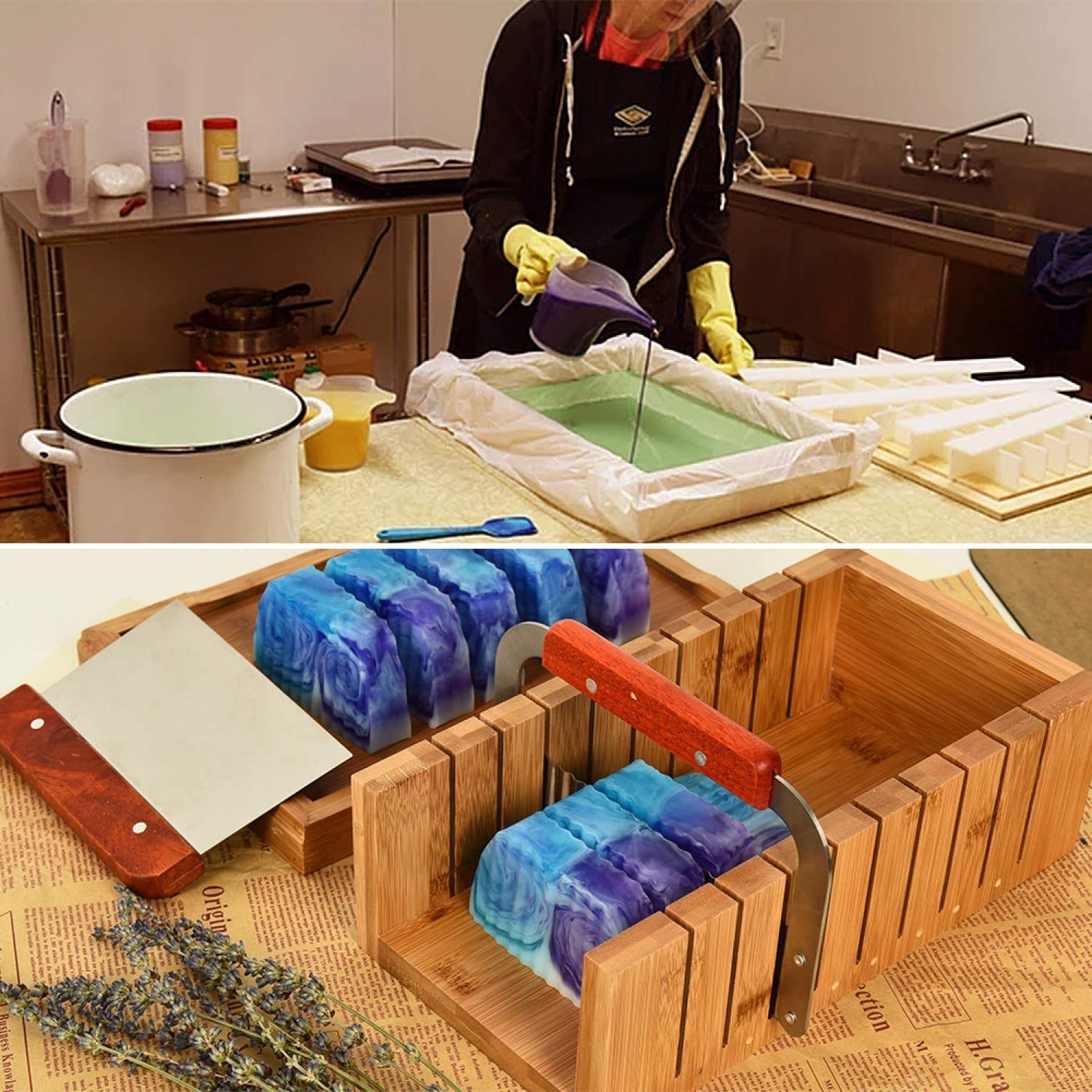 POFET Set di tagliapone, stampo in legno per fare il sapone e tagliare la pagnotta, kit con taglierina dritta e ondulata in acciaio inossidabile