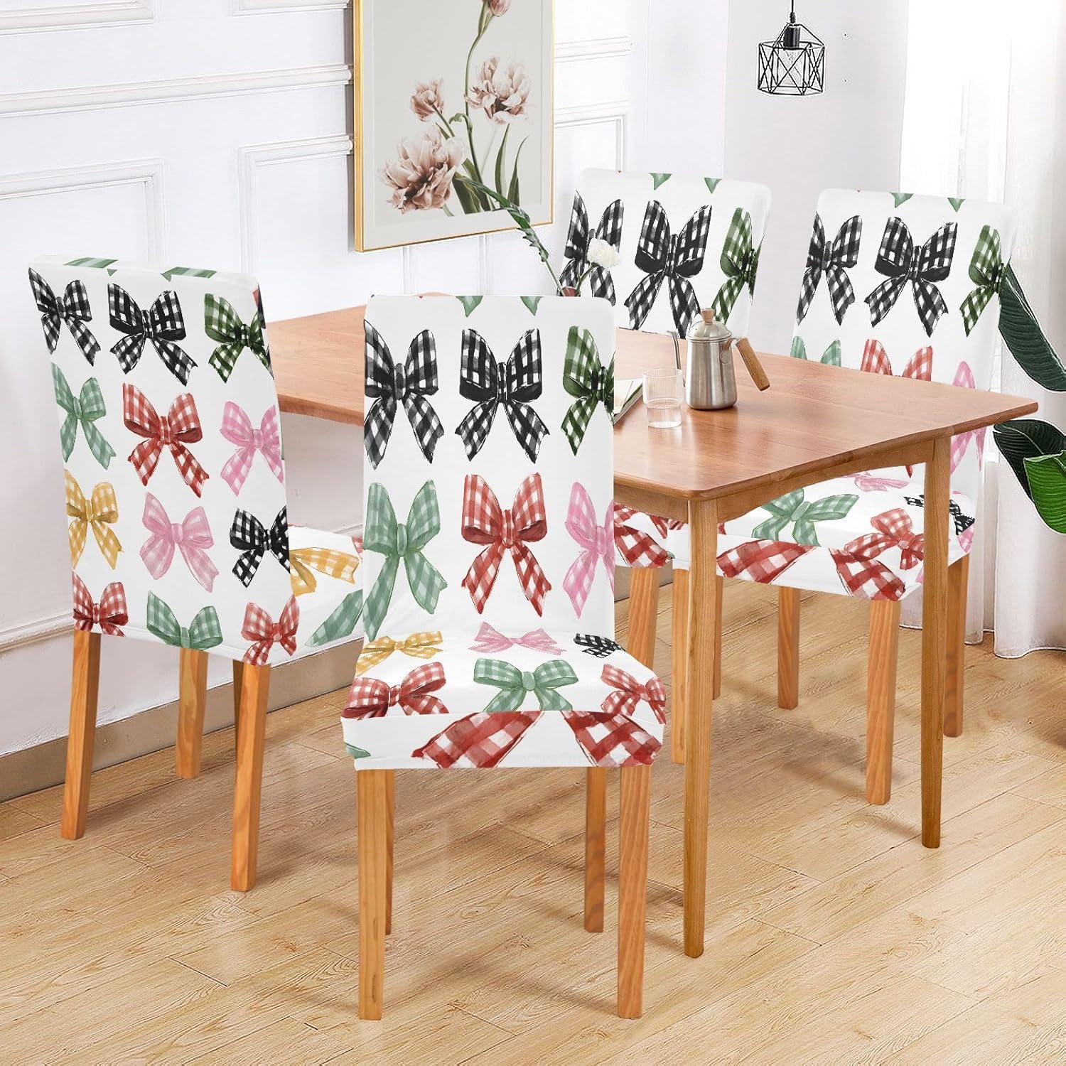 ALAZA Chair Covers for Dining Room, Plaid Bow Pattern Stretch Chair Cover Sets Chair Protector Removable Washable for Ktichen Restaurant Hotel