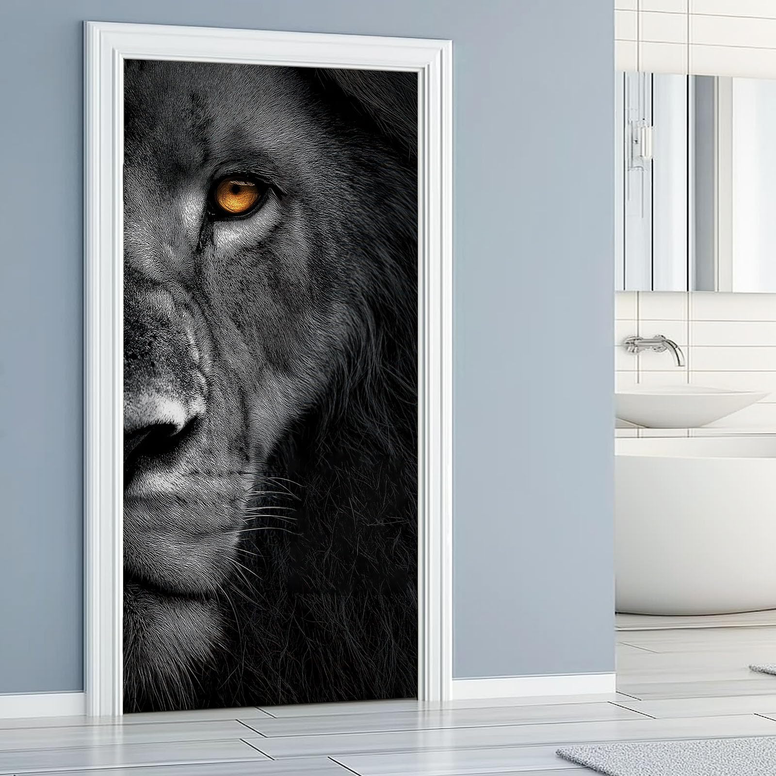 Papel pintado autoadhesivo para puerta de animal león 3D, póster para puerta, patrón de retrato de animales, resistente al agua, lámina de vinilo para puerta, negro extraíble, póster fotográfico