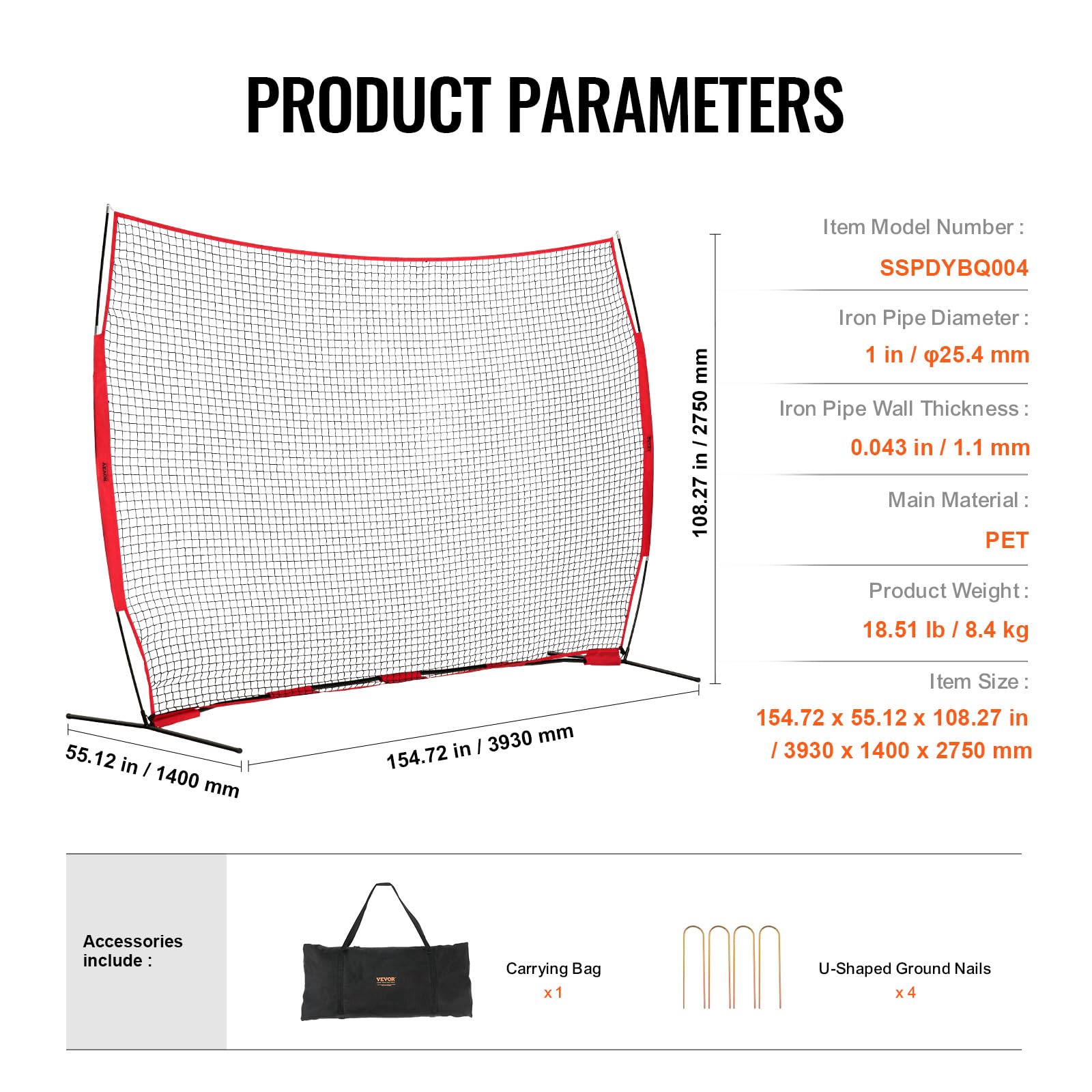 VEVOR Barricade Backstop Rete, Barriera sportiva per palloni, attrezzatura portatile per pratica con borsa per il trasporto, schermo di protezione per baseball, softball, lacrosse, calcio, hockey,