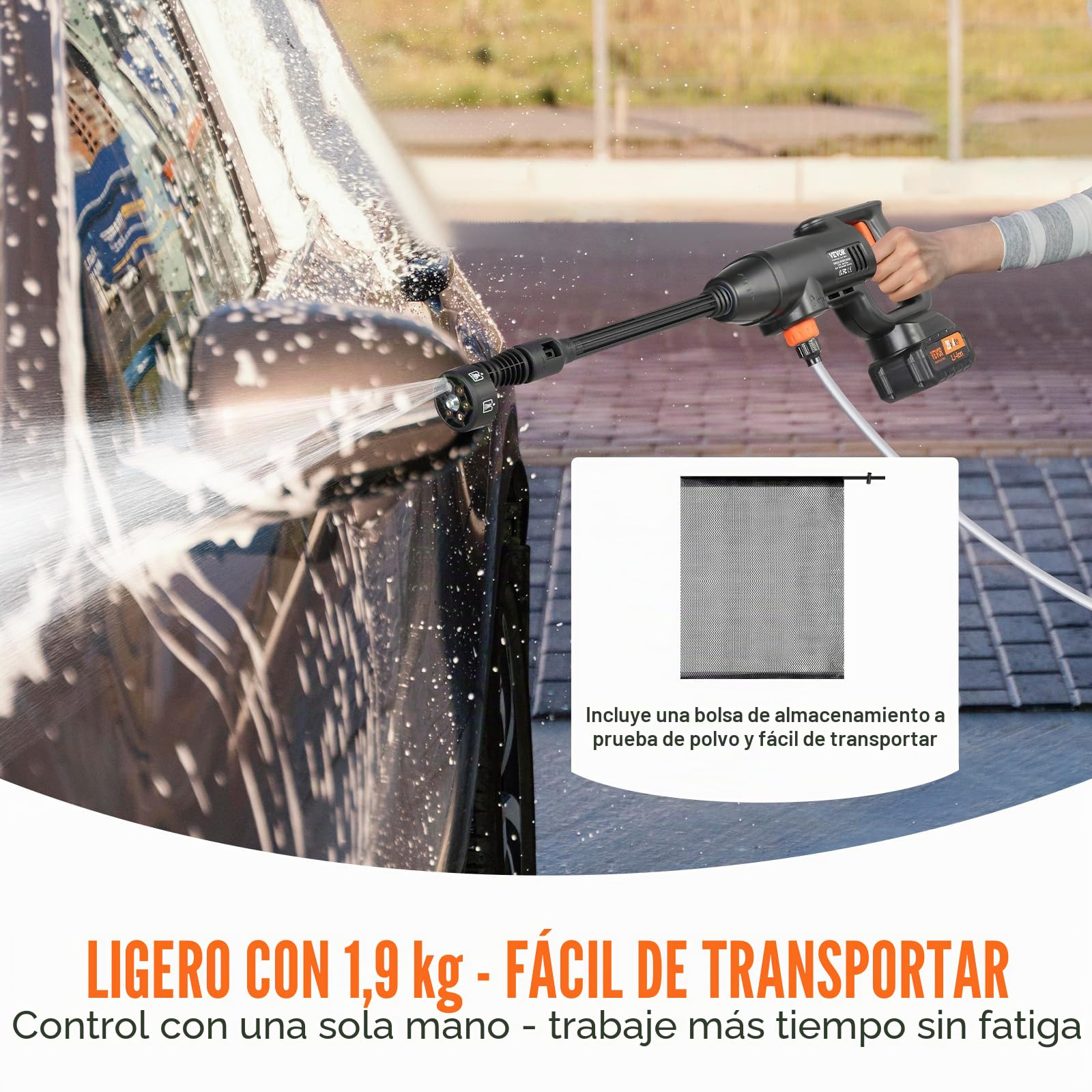 VEVOR Lavadora de Alta Presión con Batería Inalámbrica 21V Limpiador Portátil de Alta Potencia 580PSI 50bar Lavadora Eléctrica 4L/min Cargador de Batería de 4,0Ah para Limpieza de Patio, Jardín, Coche