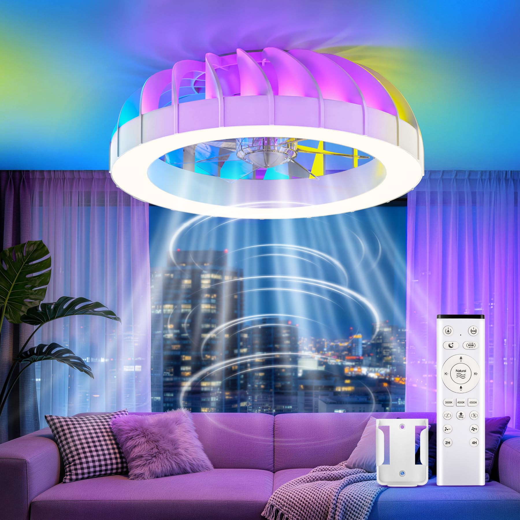 46cm Ventilatore da Soffitto con Luce e Telecomando, 6 Velocità Silenzioso Lampadario con Ventilatore da Soffitto, Timer, 3000k-6500k & RGB Plafoniera Ventilatore per Camera da Letto Soggiorno